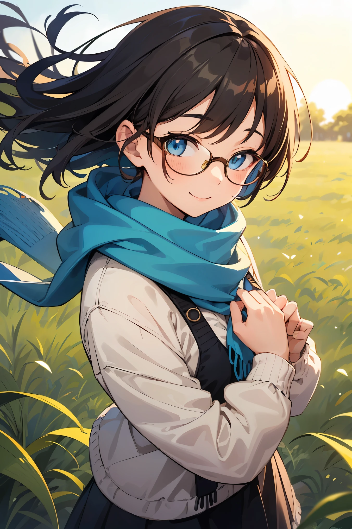 A young anime girl with bright blue eyes and a playful, mischievous smile sits in a grassy field, viewed from a high-angle perspective. She wears oversized round glasses and a loose, cozy knit sweater. A blue scarf is wrapped around her neck, gently fluttering in the breeze. Her light brown hair is tousled by the wind, adding a sense of movement to the scene. The sunlight casts a warm glow on her face, highlighting her cheerful expression. The lush green grass surrounds her, creating a soft and natural background. The art style is detailed and vibrant, inspired by high-quality anime illustrations."