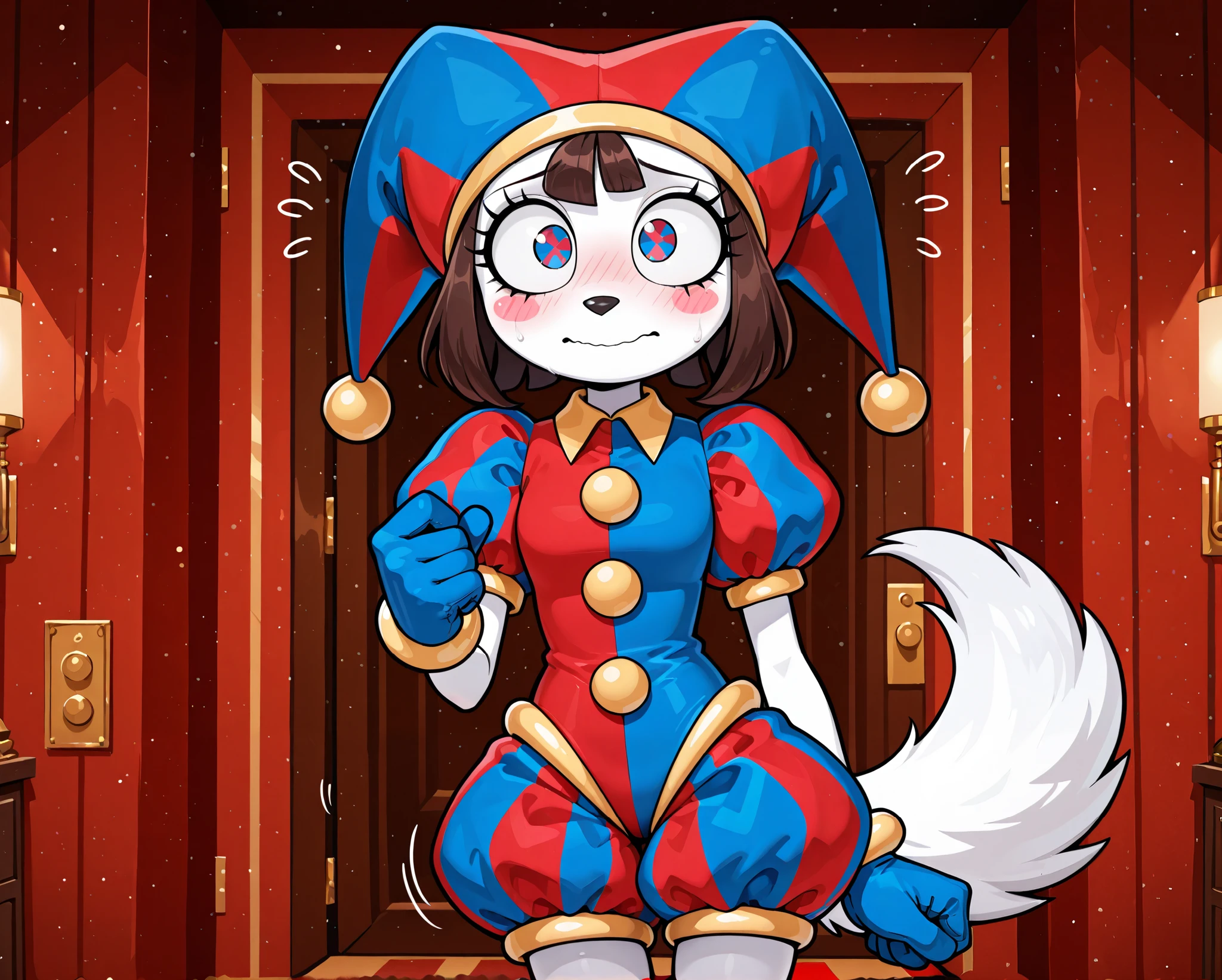 Masterpiece, best quality, absurd res, solo, anthro, Pomni, she is an anthro furry white wolf girl, wolf ears and tail, snout, brown hair, colored skin, white skin, two toned eyes, blush stickers, jester cap, red and blue jester clothes, puffy short sleeves, gloves, zPDXL3, indoors in a circus, nervous, ,