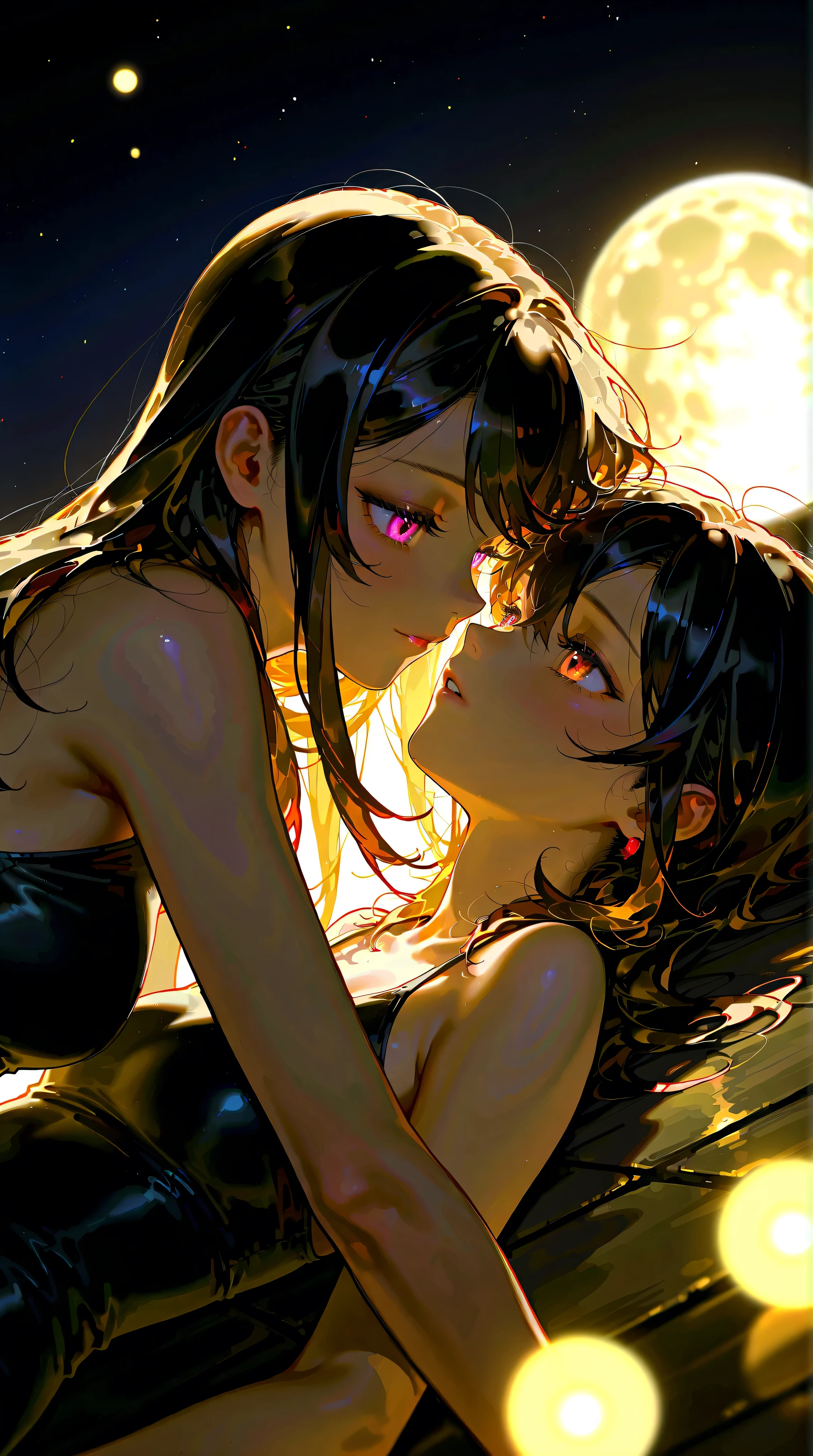 nsfw, Masterpiece, top quality, highly detailed, (chiaroscuro style:0.6), (realistic style:1.0), (backlighting:1.4), two beautiful girls, young beautiful mature lesbian couple,
(Completely naked:1.8),
(put their faces together and shyly smile at the camera:1.2), upper shot,
Close-up of their nipples from below, at the tropical beach in dark sunset under palm trees,