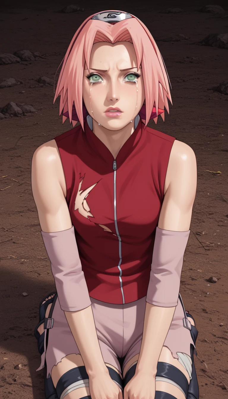 Mature Sakura Haruno small breasts, thin legs, pink hair green eyes, illuminated, blushing looking up ((aerial view))