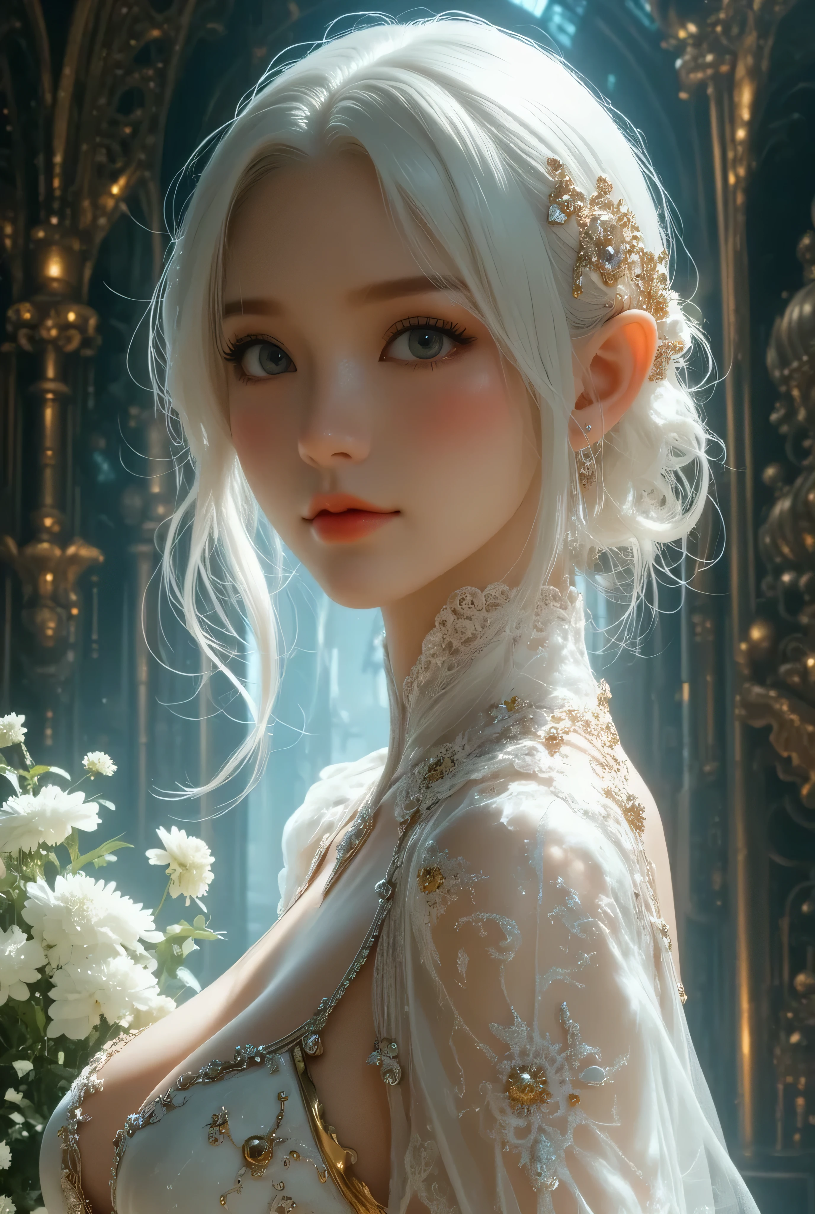  best quality , Super quality, 16k,  Unbelievably Absurd,  very detailed,  lovely photo,  delicate and dynamic,  Kiri Reina female,  seductive smile,  pure white wedding dress ,  great style , bouquet,  steampunk,  DIESEL PUNK ,  clock punk ,  cyberpunk, Glitter effect
