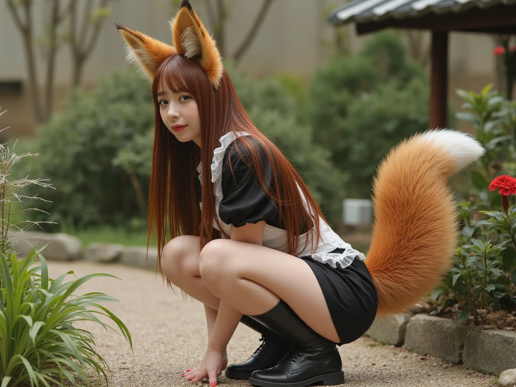 ((highest quality)), ((masterpiece)), (Get used to it), Perfect Face, Fox Girl, Beautiful woman, public, Beautiful woman, fox cosplay, Tail to ass, She has a fox&#39;s tail, she has a bushy tail, smile, Beautiful Hips, Get on all fours