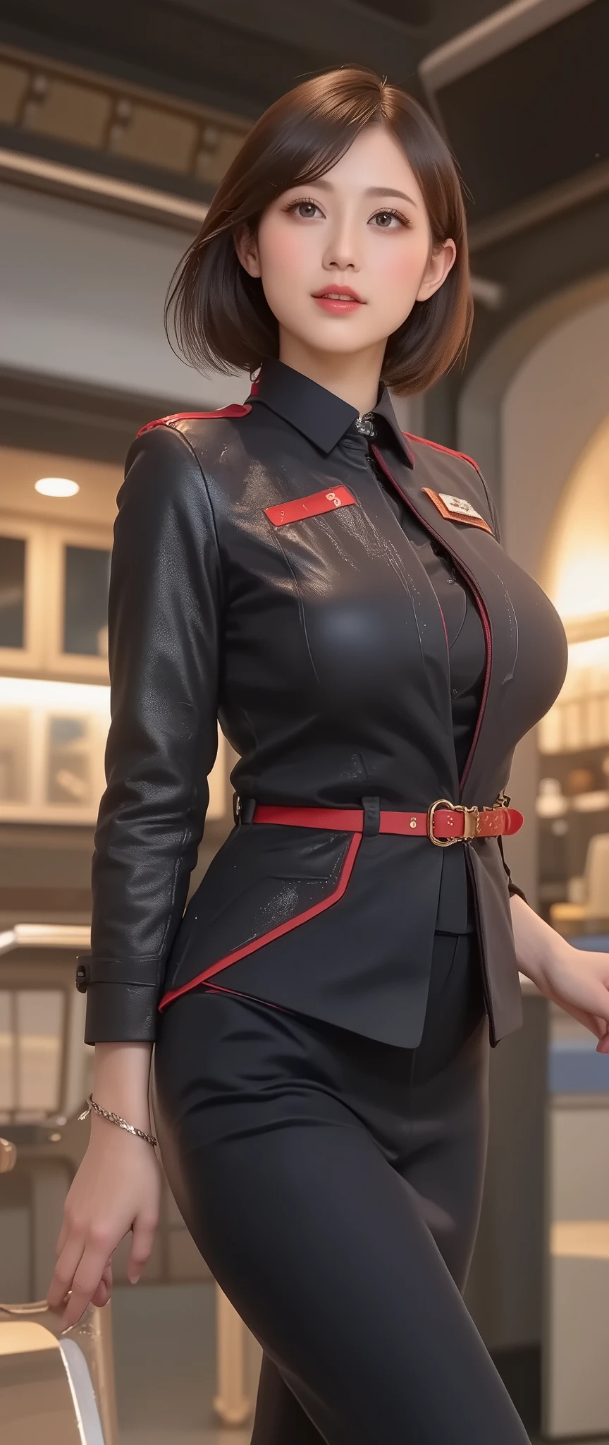 score_9, score_8_up , score_7_up , sup er detailed, BREAK Complete Anatomy , beautiful face and eye details curved forward , 1 sexy girl , . cabin attendant、 enchantment、 take off your jacket、 black hair, straight hair ,amount,smile, erotic cabin attendant uniform, Japan Airlines, bend, kneel , tanned skin、 Big Breasts , the tip of the nipple、Deep chest、 erotic、nudity, modern style fitted jacket 。