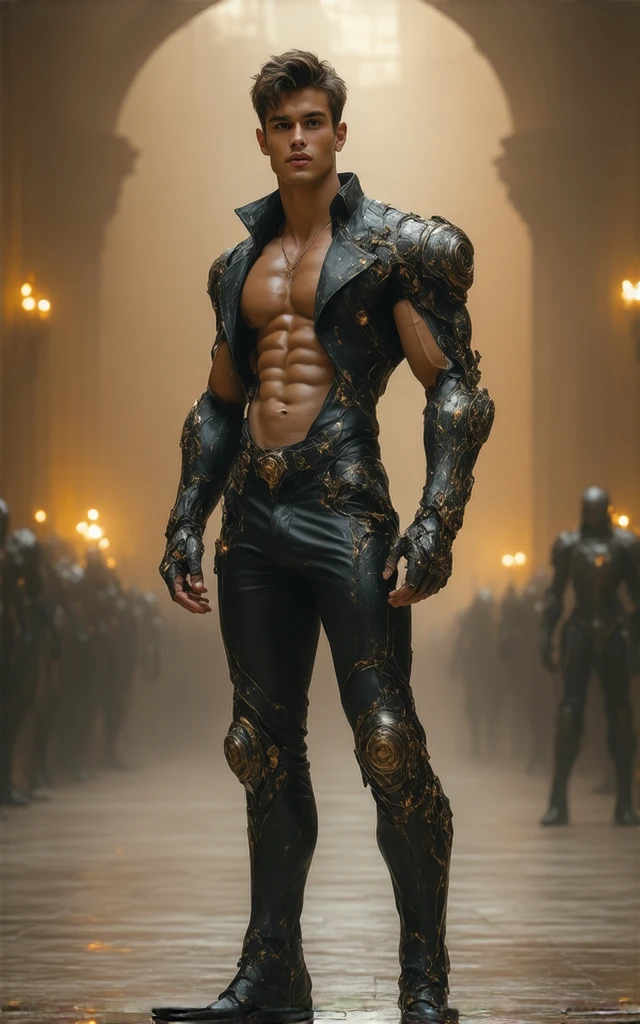Full full Body photorealistic 4k, high resolution, catboy, cats ears,, ,best quality, masterpiece, perfect color, perfect shade, perfect lighting, Posted by e621, ((portrait)), ((handsome man)), perfect male figure, Short hair details,chest muscles,abdominal muscles,Nakedness nudeness torso,wearing a white underwear walking on the runway for fashion show ..Detailed face, perfect face, (stood up), Detailed background, ((Bonifasco Lighting)), (delicate eyes),((black armor)),((animal ears)),white hair smiling