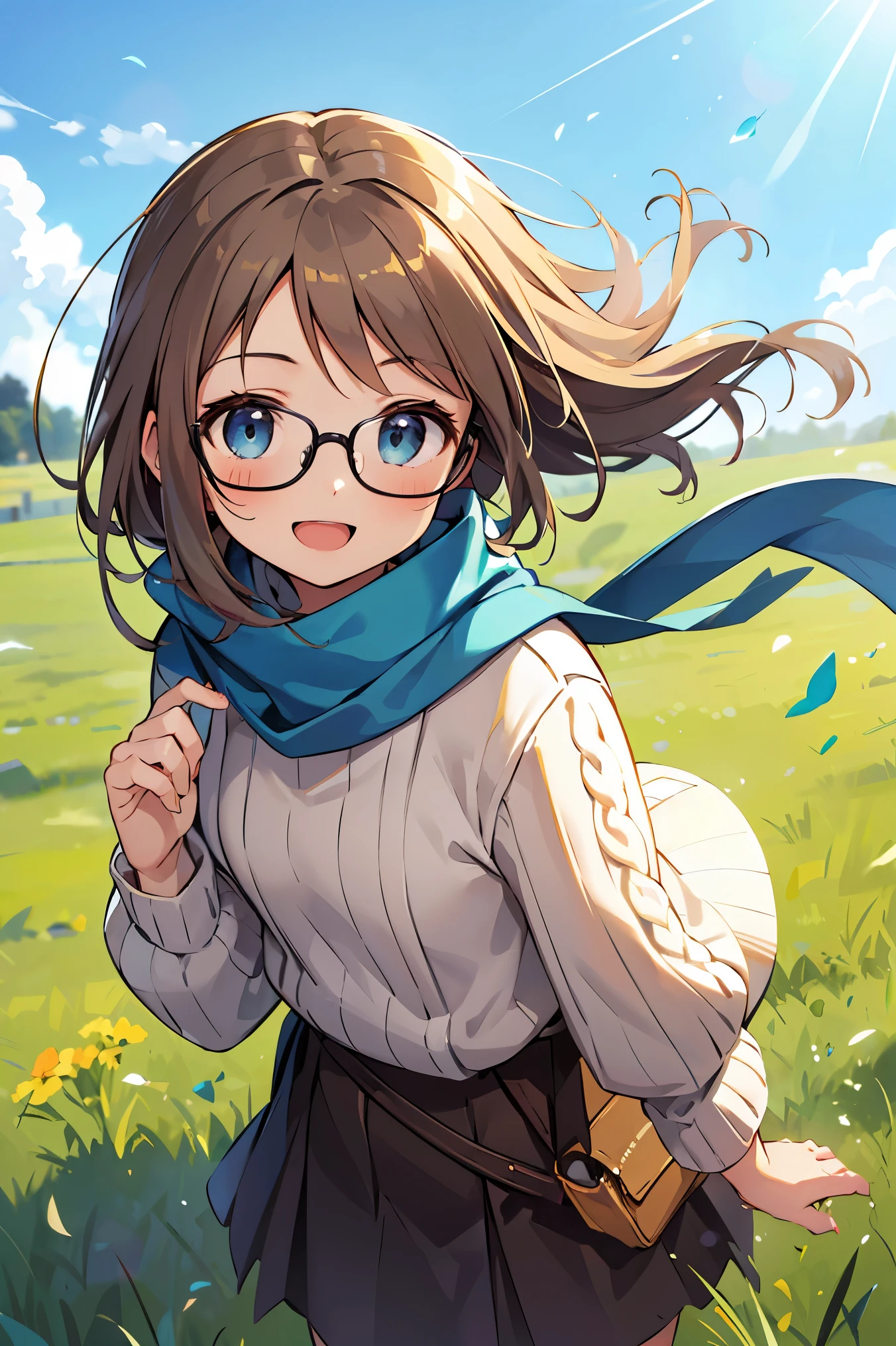 A young anime girl with bright blue eyes and a playful, mischievous smile sits in a grassy field, viewed from a high-angle perspective. She wears oversized round glasses and a loose, cozy knit sweater. A blue scarf is wrapped around her neck, gently fluttering in the breeze. Her light brown hair is tousled by the wind, adding a sense of movement to the scene. The sunlight casts a warm glow on her face, highlighting her cheerful expression. The lush green grass surrounds her, creating a soft and natural background. The art style is detailed and vibrant, inspired by high-quality anime illustrations."