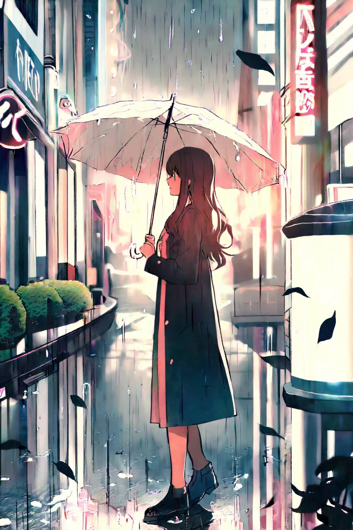 雨が降る。雨は街の通りに降る、 傘をさしている 々行き来。街の明かりが水たまりに反射する様子を描写し、、どのように描写するか - SeaArt AI