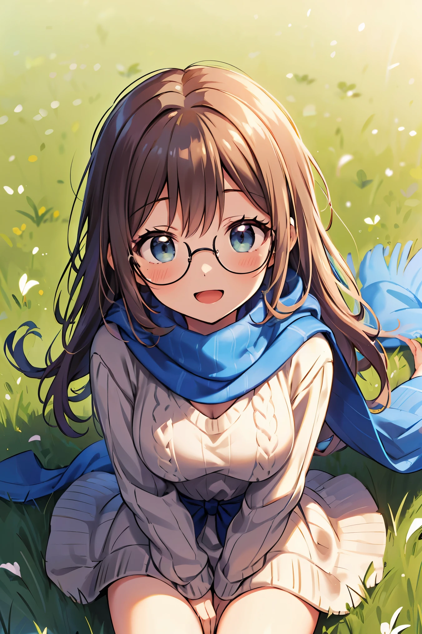 A young anime girl with bright blue eyes and a playful, mischievous smile sits in a grassy field, viewed from a high-angle perspective. She wears oversized round glasses and a loose, cozy knit sweater. A blue scarf is wrapped around her neck, gently fluttering in the breeze. Her light brown hair is tousled by the wind, adding a sense of movement to the scene. The sunlight casts a warm glow on her face, highlighting her cheerful expression. The lush green grass surrounds her, creating a soft and natural background. The art style is detailed and vibrant, inspired by high-quality anime illustrations."