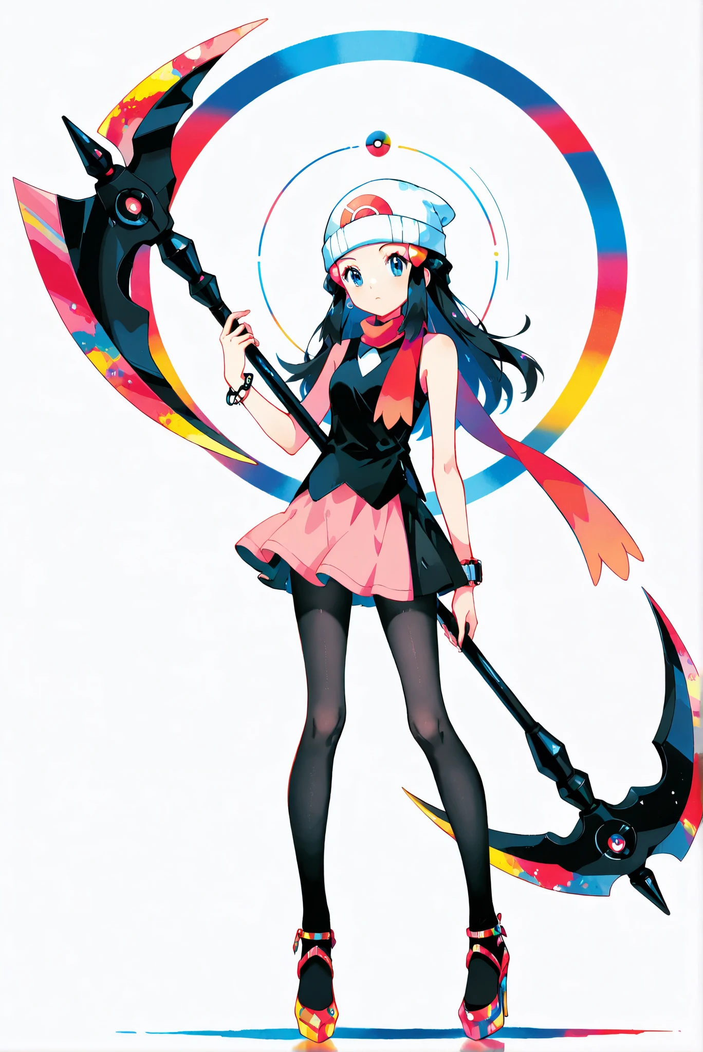 (weapon, battleaxe
, holding weapon,,white background, stands,whole body,heels, front view,Standing picture:1.7),HoleHeels,oval/Circle/Thorn/Horn Heels,,limited color palette,Colorful, vivid colors ,black light ,watch, masterpiece, Very beautiful,pokemondawn, pokemon dawn, black hair, blue eyes, sidelocks, long hair,,ruanyi0968,black pantyhose,black skirt,see-through,hair ornament,black shirt,bare shoulders, beanie, black shirt, black socks, bracelet, hat, jewelry, kneehighs, miniskirt, pink skirt, red scarf, scarf, shirt, skirt, sleeveless, sleeveless shirt, white headwear,