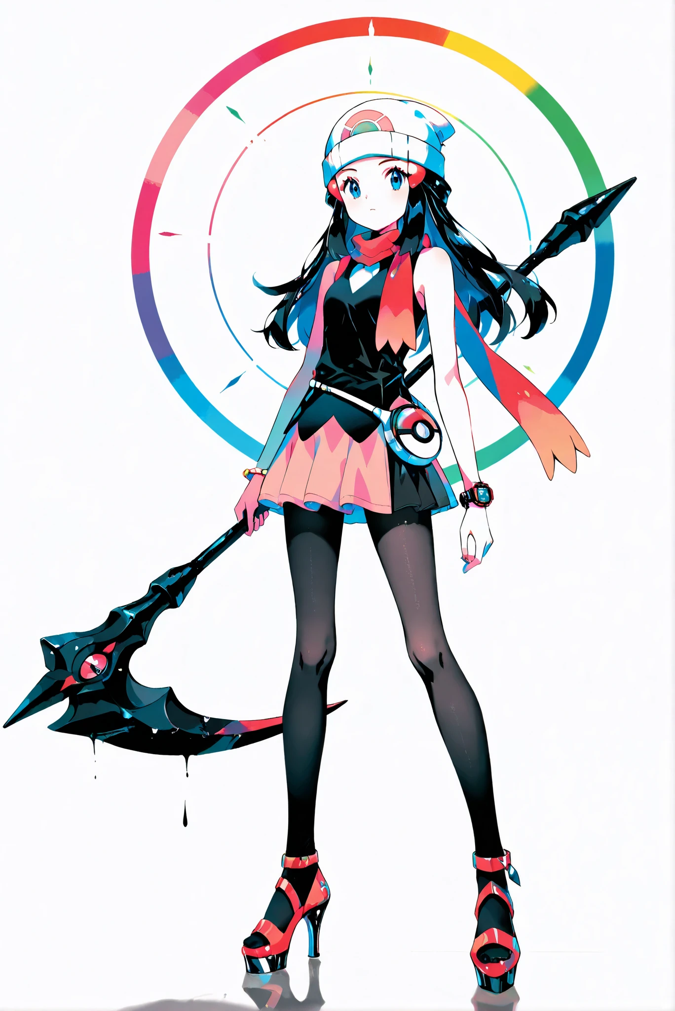 (weapon, battleaxe
, holding weapon,,white background, stands,whole body,heels, front view,Standing picture:1.7),HoleHeels,oval/Circle/Thorn/Horn Heels,,limited color palette,Colorful, vivid colors ,black light ,watch, masterpiece, Very beautiful,pokemondawn, pokemon dawn, black hair, blue eyes, sidelocks, long hair,,ruanyi0968,black pantyhose,black skirt,see-through,hair ornament,black shirt,bare shoulders, beanie, black shirt, black socks, bracelet, hat, jewelry, kneehighs, miniskirt, pink skirt, red scarf, scarf, shirt, skirt, sleeveless, sleeveless shirt, white headwear,