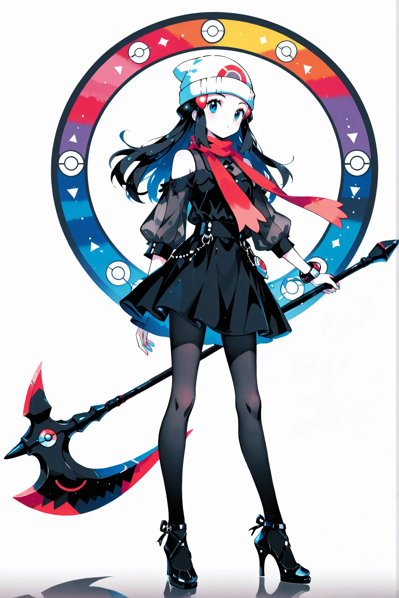(weapon, battleaxe
, holding weapon,,white background, stands,whole body,heels, front view,Standing picture:1.7),HoleHeels,oval/Circle/Thorn/Horn Heels,,limited color palette,Colorful, vivid colors ,black light ,watch, masterpiece, Very beautiful,pokemondawn, pokemon dawn, black hair, blue eyes, sidelocks, long hair,,ruanyi0968,black pantyhose,black skirt,see-through,hair ornament,black shirt,bare shoulders, beanie, black shirt, black socks, bracelet, hat, jewelry, kneehighs, red scarf, scarf, white headwear,
