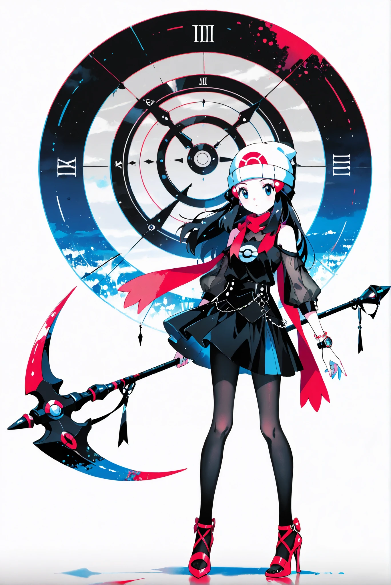 (weapon, battleaxe
, holding weapon,,white background, stands,whole body,heels, front view,Standing picture:1.7),HoleHeels,oval/Circle/Thorn/Horn Heels,,limited color palette,Colorful, vivid colors ,black light ,watch, masterpiece, Very beautiful,pokemondawn, pokemon dawn, black hair, blue eyes, sidelocks, long hair,,ruanyi0968,black pantyhose,black skirt,see-through,hair ornament,black shirt,bare shoulders, beanie, black shirt, black socks, bracelet, hat, jewelry, kneehighs, red scarf, scarf, white headwear,