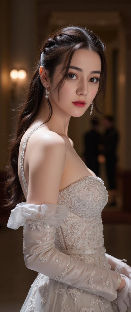 best quality, masterpiece, (photorealistic:1.4), 1girl (extremely beautiful), cowboy shot, luxury elegant shoulder dress, dramatic lighting, hair over shoulders, white gloves, v arms, luxury hall background, night, japanese face, braid hair,