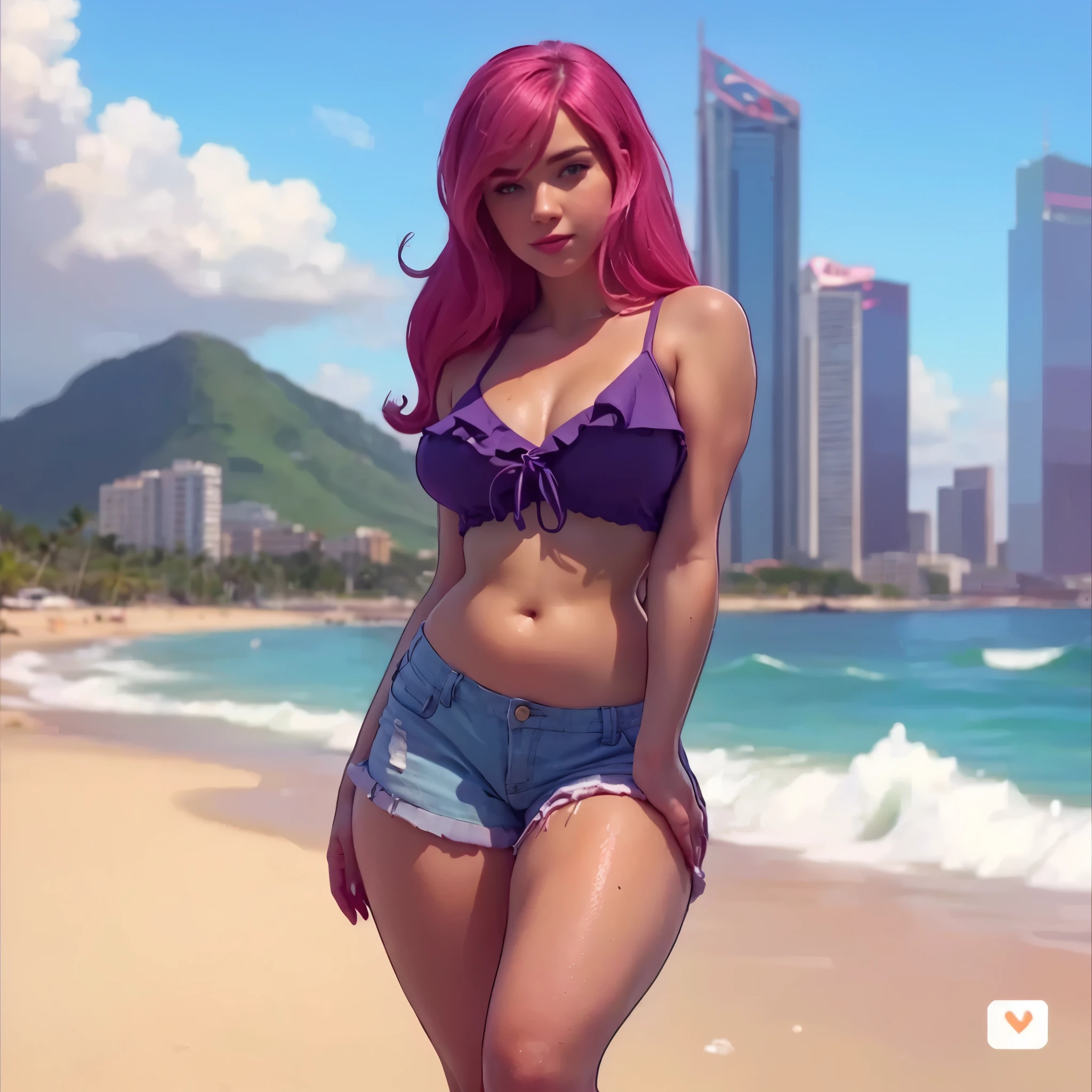 a 3D rendering of a woman in a bikini standing on a catwalk, realistic bikini, leeloo outfit, asuka suit under clothes!, wet swimsuit, leeloo, is wearing a swimsuit, asuka as a surfer model, highly detailed giantess photo, standing near the beach, on a parking lot, corpo pin-up, swimsuit model, Thick, at beach