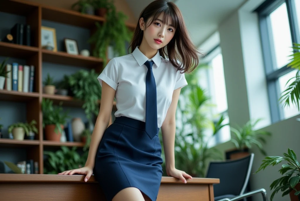 finest, masterpiece, High resolution, (whole body), front, frontやや下からの構図, symmetry, 18 year old girl, alone, (whole body from head to toe), small , long hair, brown hair, slightly messy hair, bangs, (black tights), ( (black pantyhoblack pantyhose, Mt, 膝を曲げてfeetを広げている, composition Show me your white panties, slender ul feet, とても美しい18 year old girl (not wearing shoes) feet), blush, shy big eyes, messy hair, looking at camera, Show me your white panties, dark blue officuniform, pencil skirt