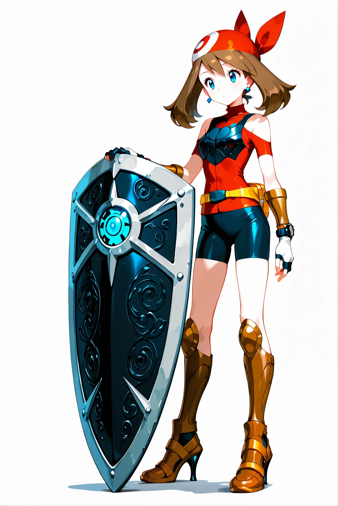 (weapon, shield , holding weapon,,white background, stands,whole body,heels, front view,Standing picture:1.7),HoleHeels,oval/Circle/Thorn/Horn Heels,,limited color palette,Colorful, vivid colors ,black light ,watch, masterpiece, Very beautiful,zzMay, May (Pokemon), Alone, brown hair, blue eyes, medium hair,zzMay, May (Pokemon), Alone, brown hair, blue eyes, medium hair, red shirt, bike shorts, Red Bandana, of_HARP, cosplay, chest armor, clothing cutout, belt, bracers, leg armor, brown footwear, highleg leotard, armor, bare shoulders, fingerless gloves, bracers,jewelry, earrings,, ((big shield)), ((Spiral pattern shield)), big shield covering body, ((Hidden behind the shield)), Defense shield,