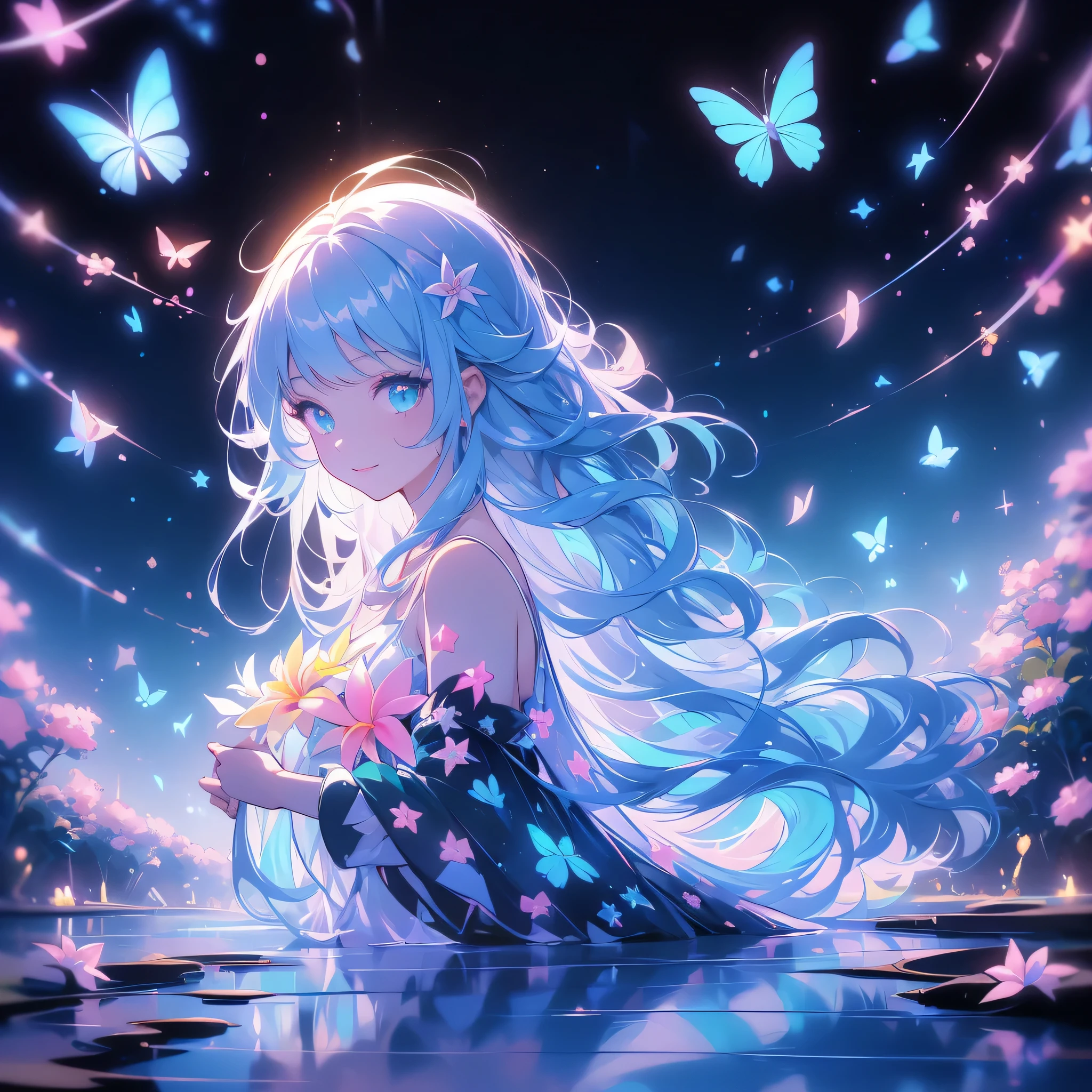 Mysterious、 Fantastic、best details、TOP QUALITY、Greatest Masterpiece、Super Detail、 High precision、 masterpiece、smile、 anime girl with long white hair, dark green hair、可愛い anime girl with long white hair、smile、((Plumeria))、many chrysanthemum、Fractal Art、Gwaiz 、 pool、garden、Flower garden、Red butterfly,Black Light、 Neon Color Palette 、 milky white and blue gradation hair color、Neon color lighting 、流Star群、Star、Starのチャーム、