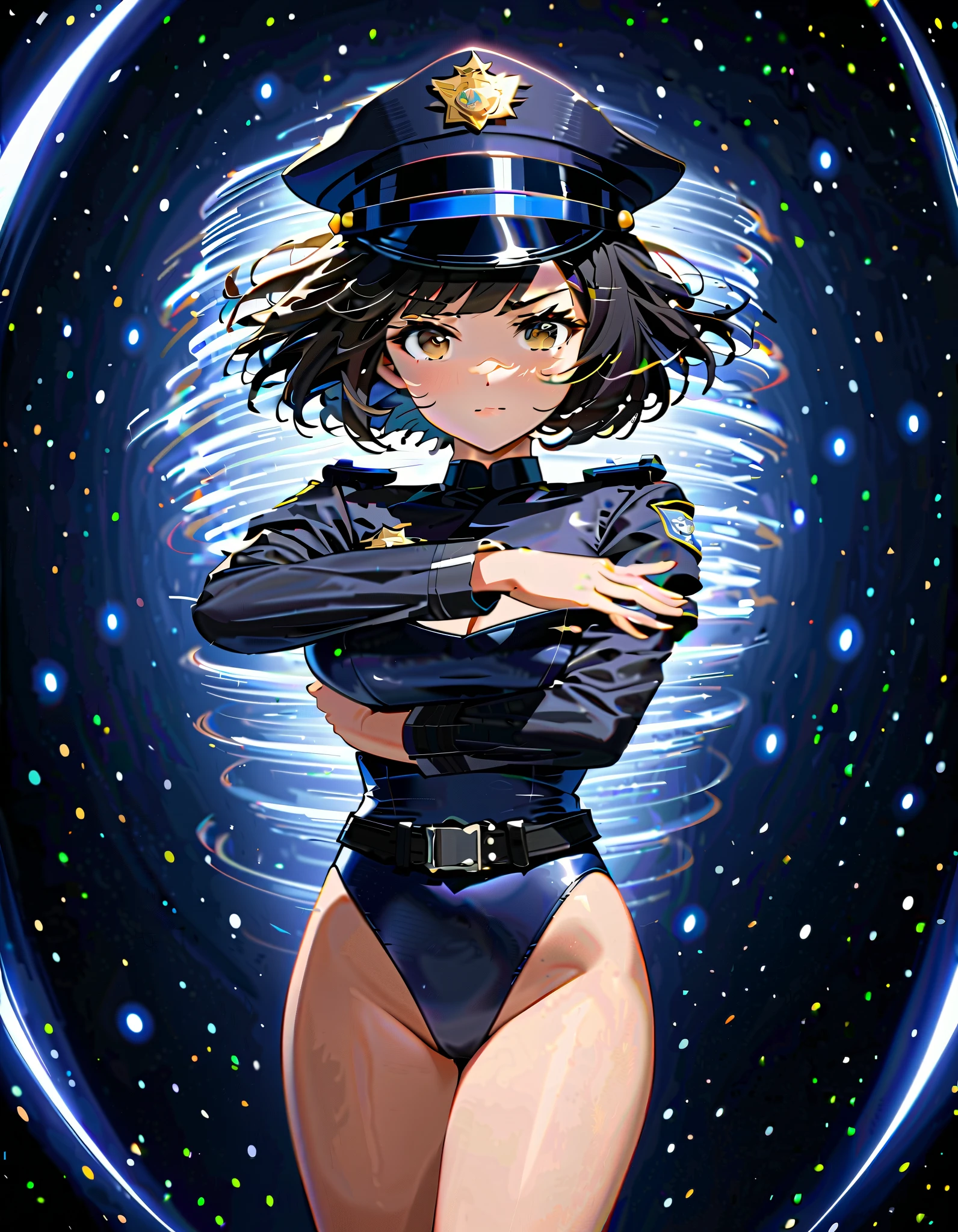 (masterpiece), (best quality), (high res),1girl, tall body, ((short hair, bob hair, jet black hair)), (hazel eyes) beautiful detailed eyes, beautiful detailed face, cute face, perfect hands, complete fingers, perfect anatomy, perfect proportions, ((hat, black police hat)), ((leotard, matching leotard, bare legs)), ((boots, matching boots)), breasts, medium breasts, fingerless gloves, (full body portrait), looking at viewer, solo, solo focus, police uniform, cowboy shot, (belt, tight belt), (armbands, white sleeves), serious, crossed arms, full body costume design. ahoge, spins in place like a tornado, she spins at an incredible speed, creating a whirlwind of air around her,spiral lines around,cyclone winds around,(she spins around) like a (tornado).