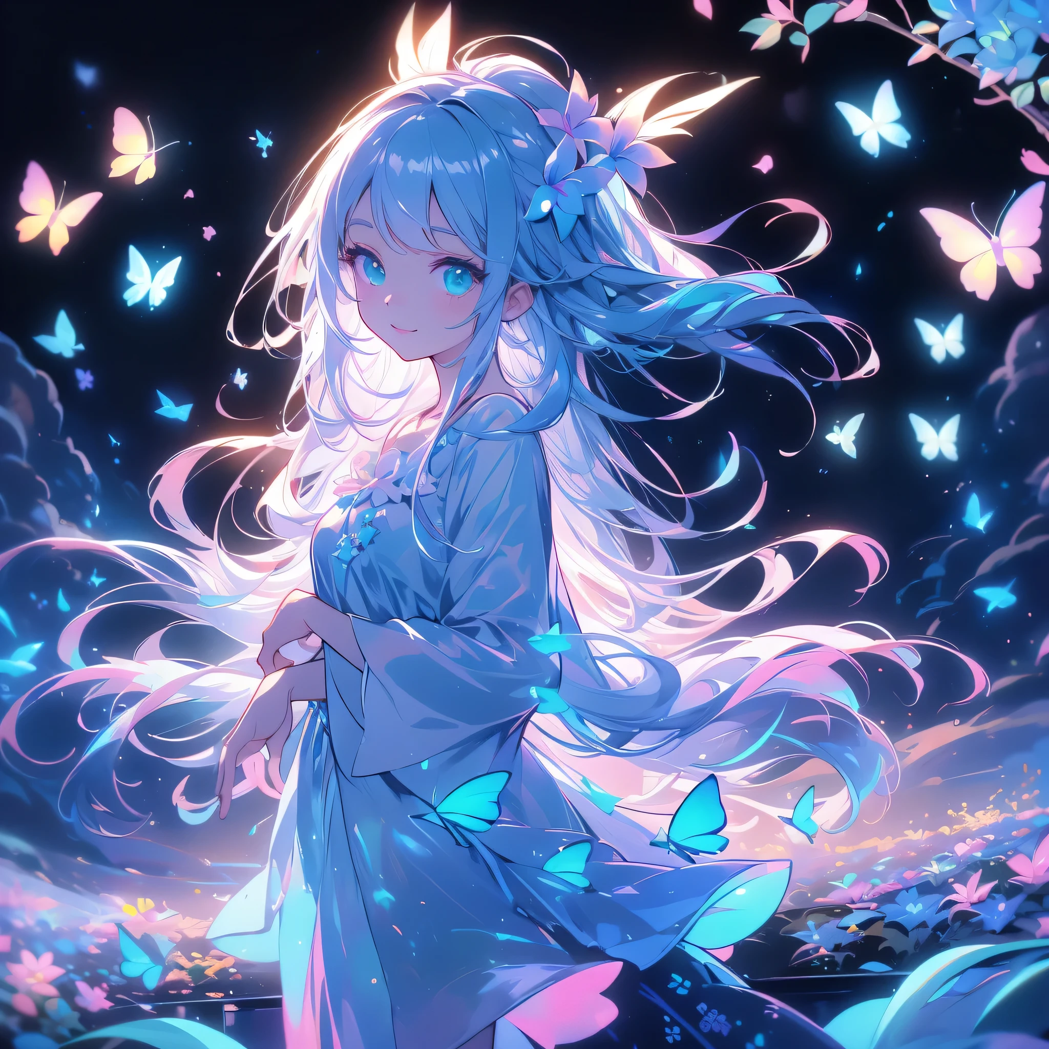 best details、TOP QUALITY、Greatest Masterpiece、Super Detail、 High precision、 masterpiece、smile、 anime girl with long white hair, dark green hair、可愛い anime girl with long white hair、smile、((Plumeria))、many chrysanthemum、Fractal Art、Gwaiz 、 pool、garden、Flower garden、Red butterfly,Black Light、 Neon Color Palette 、 milky white and blue gradation hair color、Neon color lighting 、流Star群、Star、Starのチャーム、