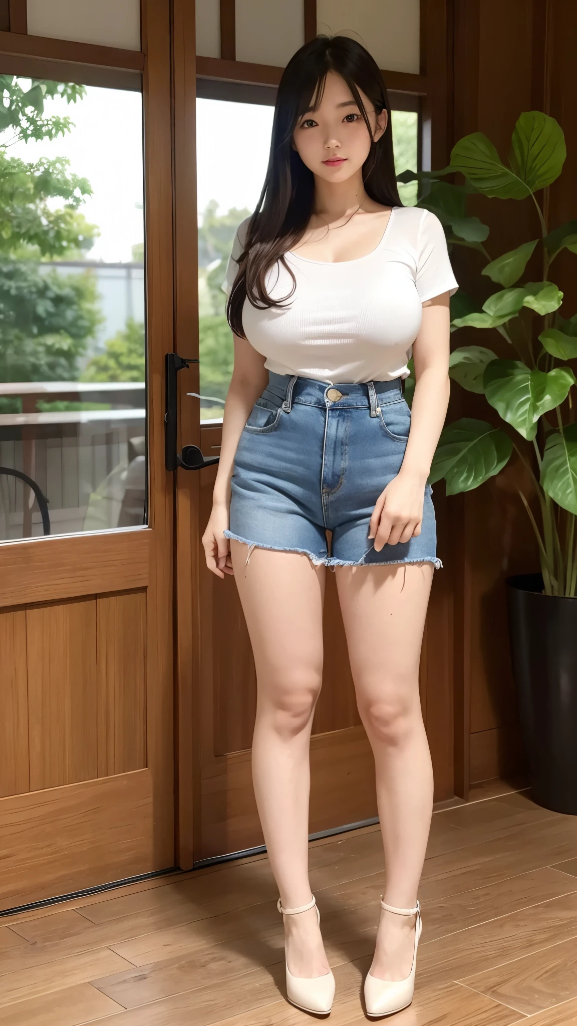 plum,Large Breasts,Big Curvy Hips,denim skinny shorts,Bathroom,Squat,white shirt collar,Fitted,All exposed up to the navel,woman,Large pelvis,Full body photo,Black high heels,Long legs with white skin,Shiny,短いパンツのきれいなwoman,There was a small tunic T-shirt on the sofa.,Damp clothing,Cleanliness,No sleeve,Don't show your breasts, Keep the photos to a minimum,smile,Dawn,Looks like 1.8 meters tall,Large Breasts,Big Curvy Hips,Narrow waist,Wrinkles are frequent, Long legs,Hyper detail on skin,Cleans pores,Panoramic View,A 90-year-old sticking out his butt,気高く優雅な日本woman, Perfect Face, Looks great, (Detailed facial features), Clean and nice face,Realistic, Sharp focus, Wavy Hair, Wrinkles around the eyes,