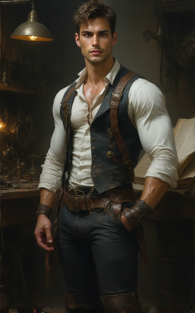 (masterpiece, best quality, realistic, ultra high detailed, UHD, view from a distance, facing the camera), Steampunk Gadget Inventor A strikingly handsome young inventor stands proudly in his workshop, surrounded by an array of mechanical gadgets and contraptions. ((His vest, adorned with leather straps and brass embellishments, is fully opened, totally revealing his bare muscular torso with a broad chest and chiseled abs, ((shirtless:1.5)), his smooth white skin with a sheen of sweat is glistening under the warm lights, highlighting every detail of his physique)). His short, stylish hair gives him a hot yet refined appearance, emphasizing his high cheekbones and a sharp jawline. His deep almond-shaped eyes, filled with desire, gaze directly at the viewer, exuding sensual allure. His pants are made of form-fitting, black fabric. His veined, muscular forearms are visible under folded sleeves. His boots are polished, catching the light as he shifts his weight. The room is filled with workbenches cluttered with tools, gears, and blueprints, illuminated by the warm light of hanging brass lamps. His sensual aura is creating an environment of both passion and allure. perfection, extremely sensual, highly erotic, most sexiest, homoerotic, alluring,