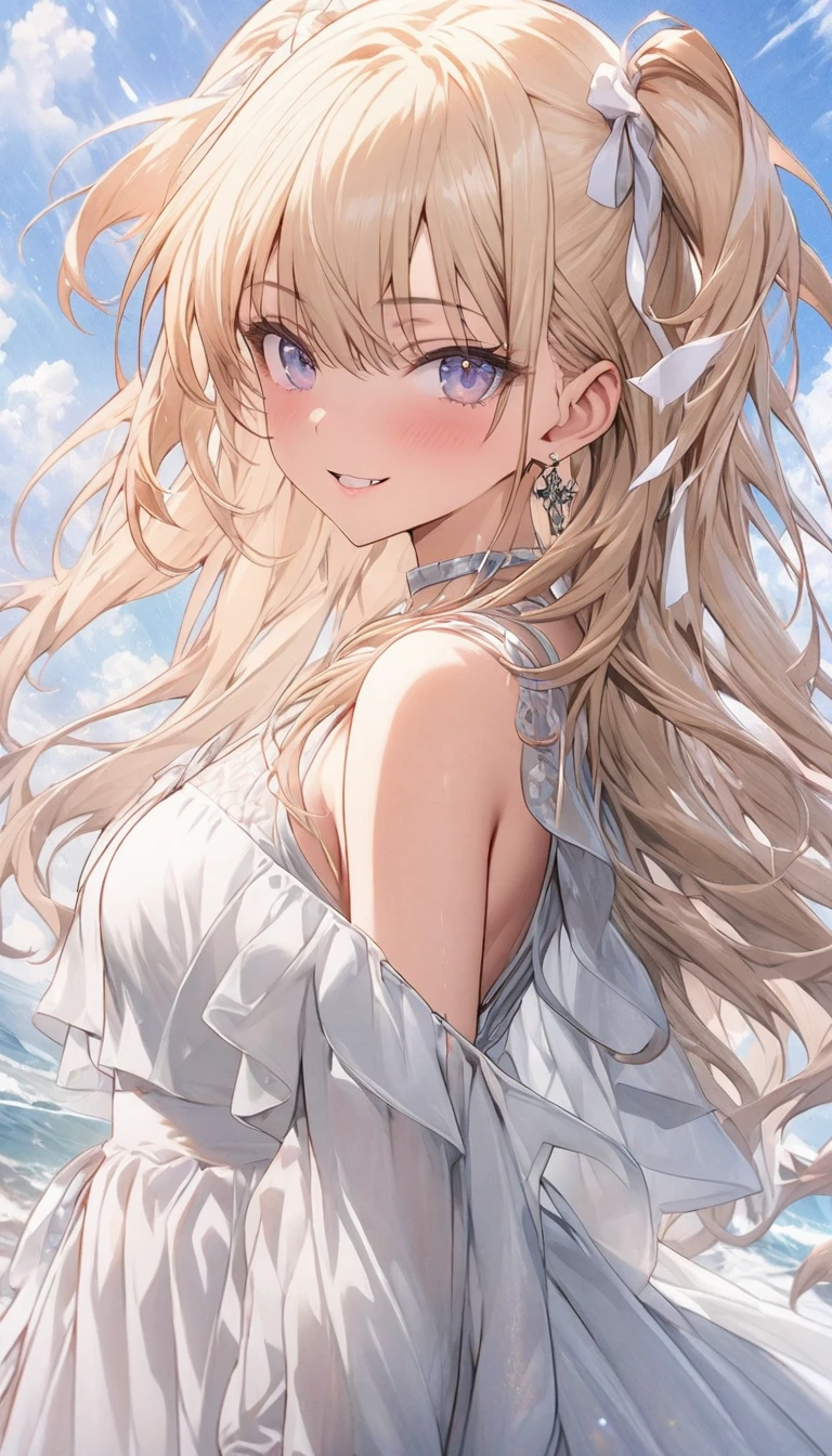 Very detailed、best quality、Best image quality、masterpiece、8K、Anime Face、A kind smile、open mouth、Sparkling blue eyes、(Blonde wavy hair:1.5)、Hands on hipini skirt、camisole