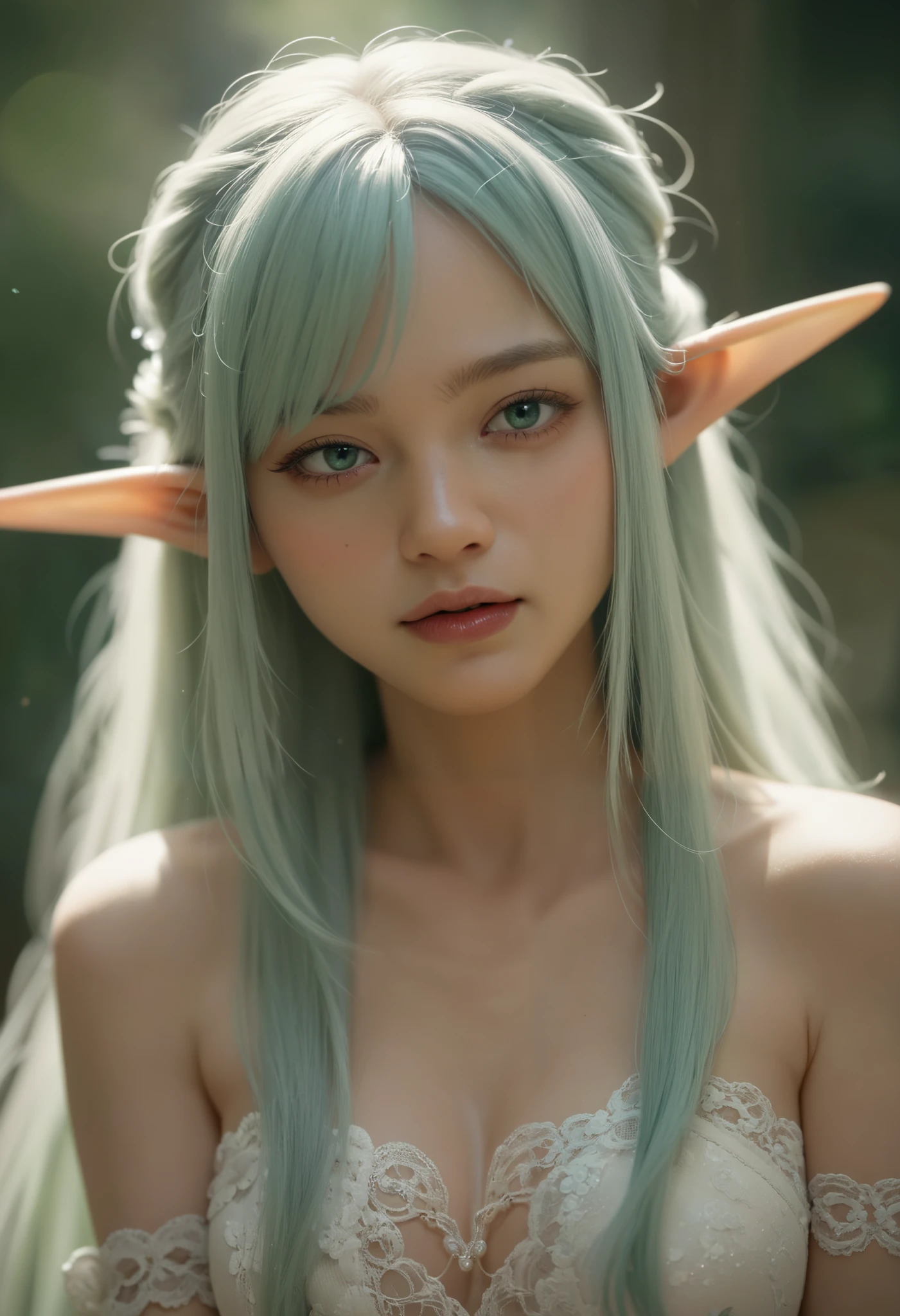 elf girl, kim chaewon as a sexy elf, kim chaewon is a petite girl, 1girl, forest background, kim chaewon, petite girl, small breast, petite figure, leaning against a tree trunk, long light blue hair, face front, nudity, emotional face, make up, masterpiece, best quality