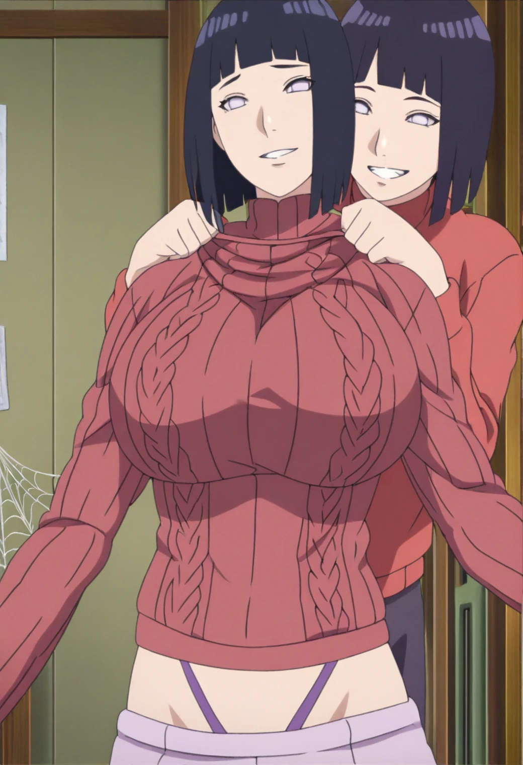 2heads, a short chubby woman with 2 heads. She has enormous breasts. She is nerdy. She is outdoors in the autumn. She has gigantic breasts. She is wearing a baggy hoodie and jeans. Her breasts are enormous. She looks happy.