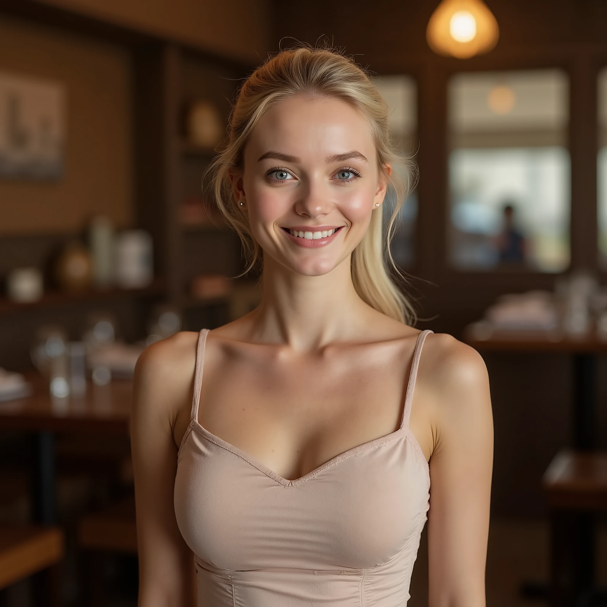 A warm and inviting cinematic portrait photograph of a stunning 21-year-old blonde woman with long, luscious hair tied back in a sleek ponytail, showcasing her flawless porcelain skin and bright, expressive blue eyes, wear an elegant dress, standing confidently in a cozy, rustic restaurant environment with rich wooden accents, soft, golden lighting, and blurred background elements, evoking a sense of nostalgia and warmth, with a shallow depth of field drawing attention to her bright smile and gentle, effortless charm, captured in a horizontal, 2.4:1 aspect ratio composition with a slight cinematic grain.