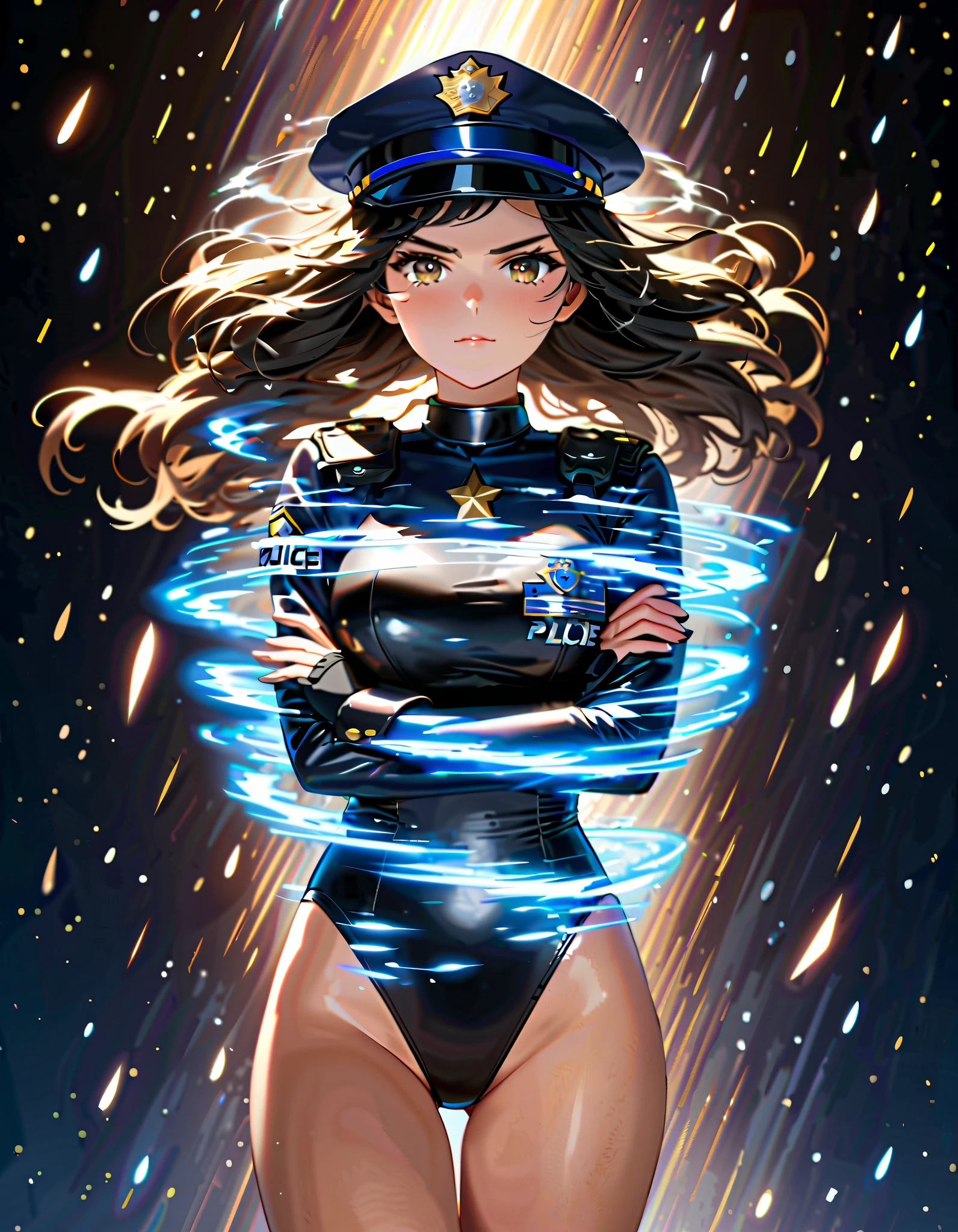 ((best quality)), ((masterpiece)), ((1girl, solo)), ((ultra realistic)), English, beautiful detailed face, detailed eyes, sexy police officer, ((black leotard, police uniform)), white bracelets, warehouse backdrop, highly detailed, professional, bare legs, (full body costume design), twirling, brown hair, medium hair, brown eyes, (thigh-high matching boots), shoulder holster, shoulder pads, badge, tornado spin, small whirlwind, wind particles, dust particles, wind swirls, light particles, cyclone spin, wind vortex, powered spin, powering up, super spin pose, high speeds, fast spin
