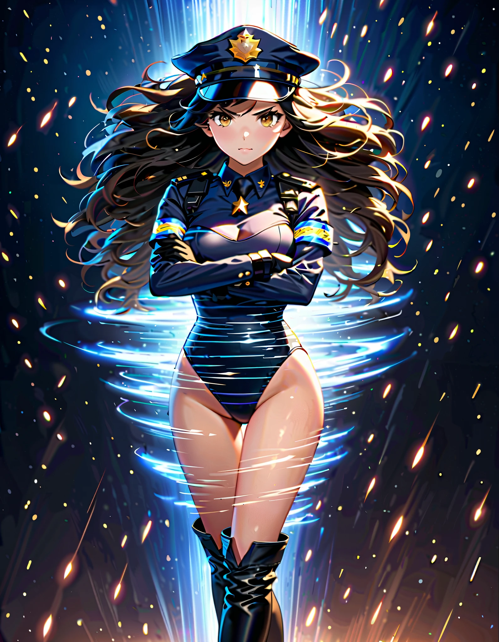((best quality)), ((masterpiece)), ((1girl, solo)), ((ultra realistic)), English, beautiful detailed face, detailed eyes, sexy police officer, ((black leotard, police uniform)), white bracelets, warehouse backdrop, highly detailed, professional, bare legs, (full body costume design), twirling, brown hair, medium hair, brown eyes, (thigh-high matching boots), shoulder holster, shoulder pads, badge, tornado spin, small whirlwind, wind particles, dust particles, wind swirls, light particles, cyclone spin, wind vortex, powered spin, powering up, super spin pose, high speeds, fast spin