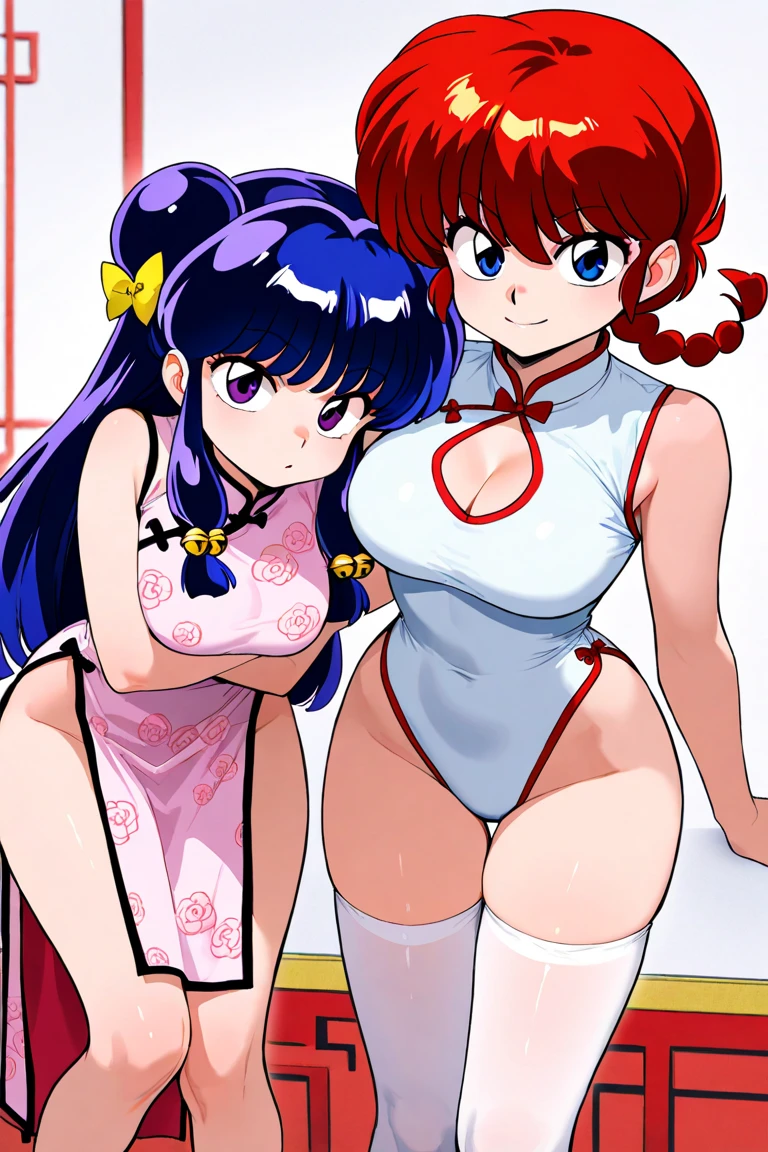 one-piece swimsuit, strap slip, , rokujou minori, red hair, blue hair, aki, big tits, detailed eyes, massive breasts, detailed hands, detailed image, massive breasts, two girls, two females, two girls 1 with red hair 1 with blue hair