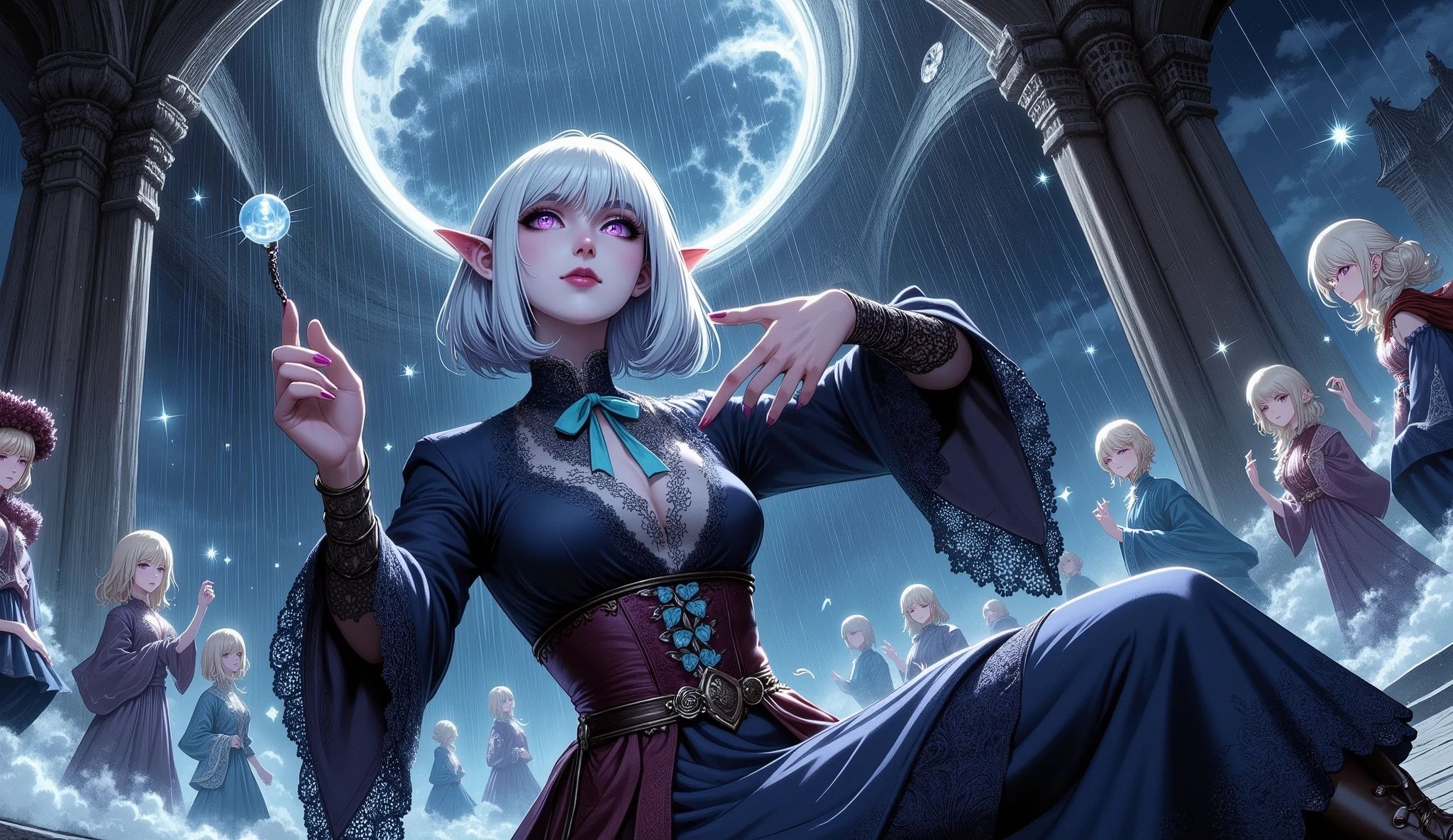 (Ultra-detailed face, Looking away, Gothic Illustration, Dark tone colors. She has five fingers on her hands and five toes on her feet.), BREAK
(Interior. Composition looking up from the floor at a much higher ceiling with a hole in it, an urban area in a Nordic country in the 15th century. The night sky is covered with black rain clouds and heavy drops of rain are falling.), BREAK
(A young female dark elf wizard, a "water servant," boldly poses and gestures in the interior of a huge clock tower, waving her baton like a musical conductor, making the spirits of rain pouring through a hole in the ceiling and the spirits of water cascading down the walls dance a classical waltz. The water spirits dance as they fly and spin around the room.), BREAK
(The rain and water spirits are dressed in traditional ball gowns with transparent skin and draped in transparent blue. Their bodies glow with sparkling, pale particles.), BREAK
(The dark elf woman has white hair, white eyebrows, blunt bangs, shoulder-length hair, small pink lips, sparkling lavender eyes, clear white skin, and thick eyeliner.), (She wears a light blue ribbon tie and a draped dark blue lace-up dress with crimson lace ruffles and embroidered pure white ripple patterns. She wears laced sandals with thin silver chains.)