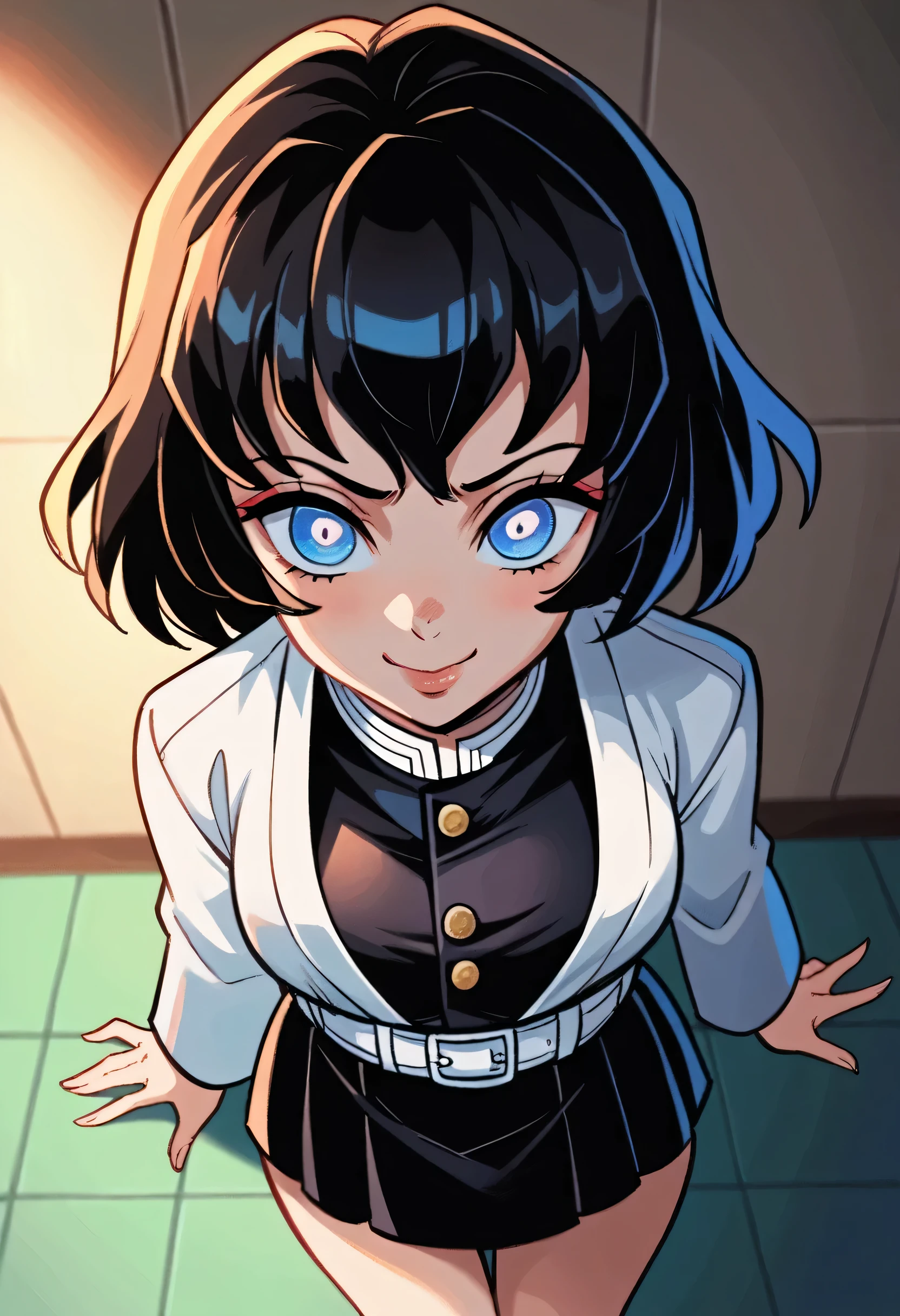 Draw a character in animated art style., with a vibrant and expressive appearance . The character must have exaggerated features, how big, ojos expresivos, , and a straight posture. The background should be simple and not distract from the main figure. The character must be from the universe of Kimetsu no Yaiba/demon slayer, Short black hair with blue gradient., blue colored eyes. Wearing a black skirt, angle from above , cartoon , beautiful drawing.