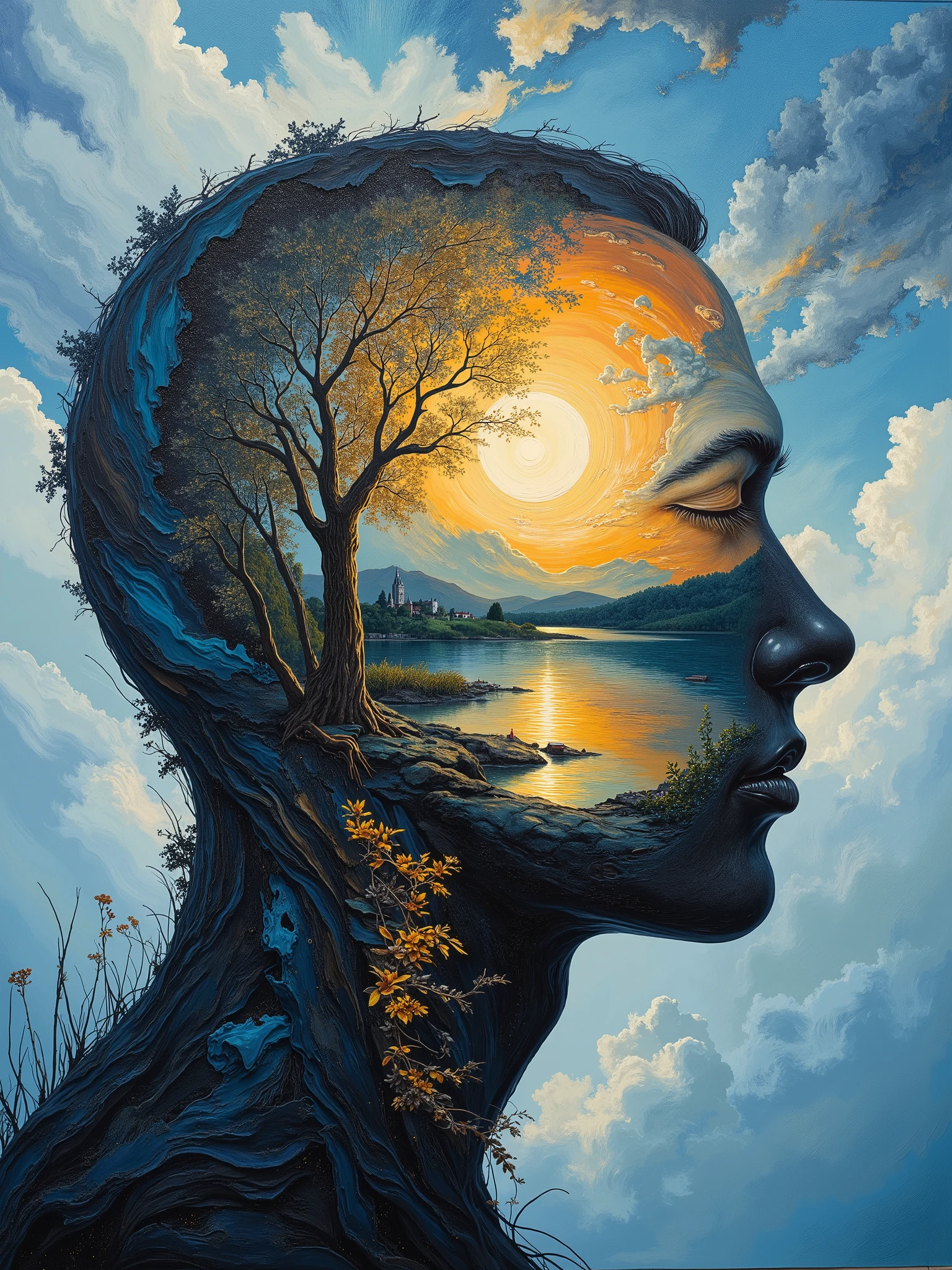 A hollow head close of a field burning inside, cloudy daylight blue sky, ornaments, thoughts emergings and steam, lake very reflective, a house far, all inside the hollow face, abstract fractures of retangle shapes, dividing the background, spirituality themed, angel coming out from a mesmerizing cityscape, overlay and double exposure effects, oil painting medium, dark surrealism style, faewave.