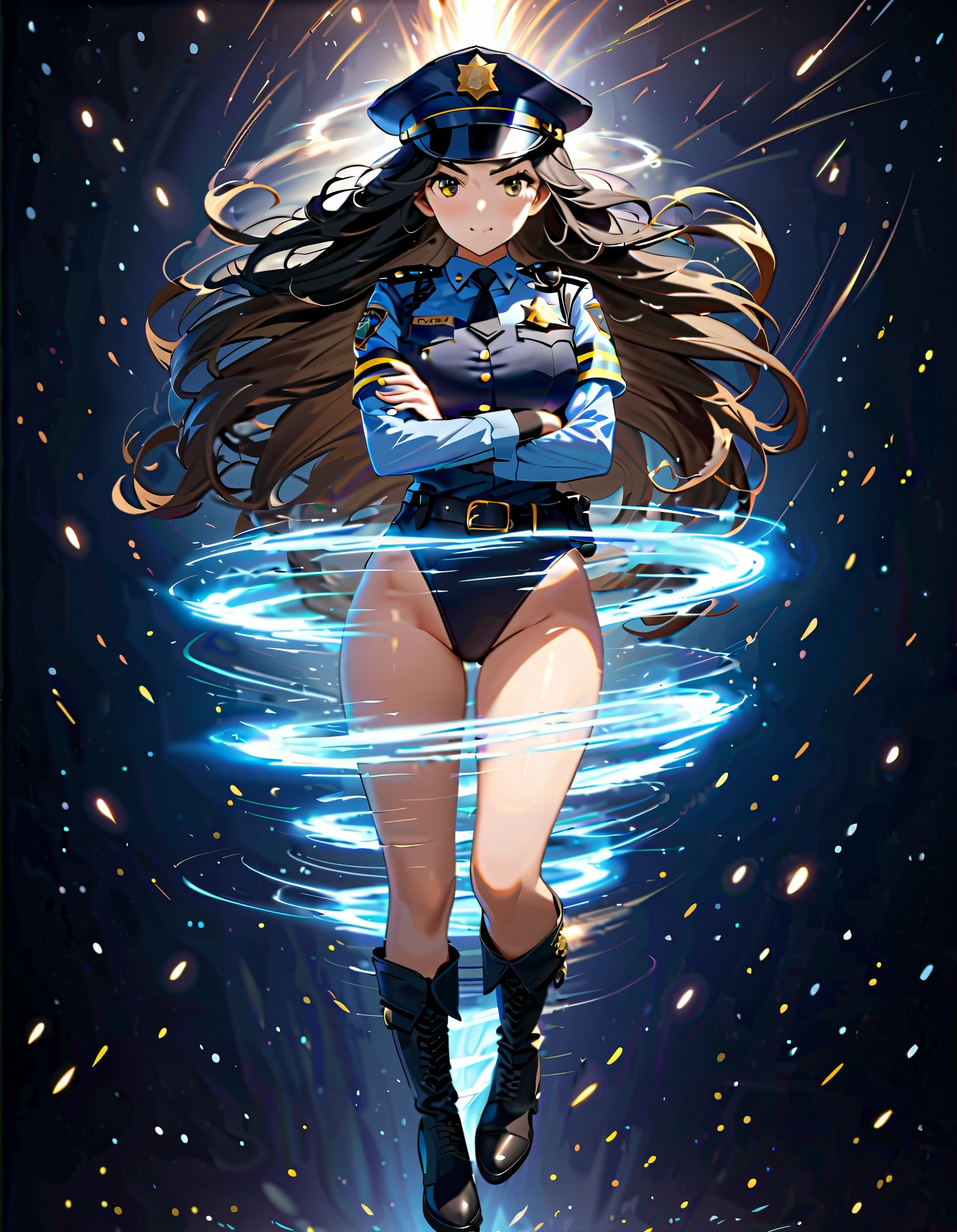masterpiece, best quality, highres, 1girl, solo, superhero, leotard, bare legs, boots, matching boots, aura, blue aura, sleeveless, gloves, bracelets, matching gloves, looking at viewer, light particles, city backdrop, perfect hands, perfect eyes, powering up, perfect leotard, perfect legs, perfect arms, perfect fingers,