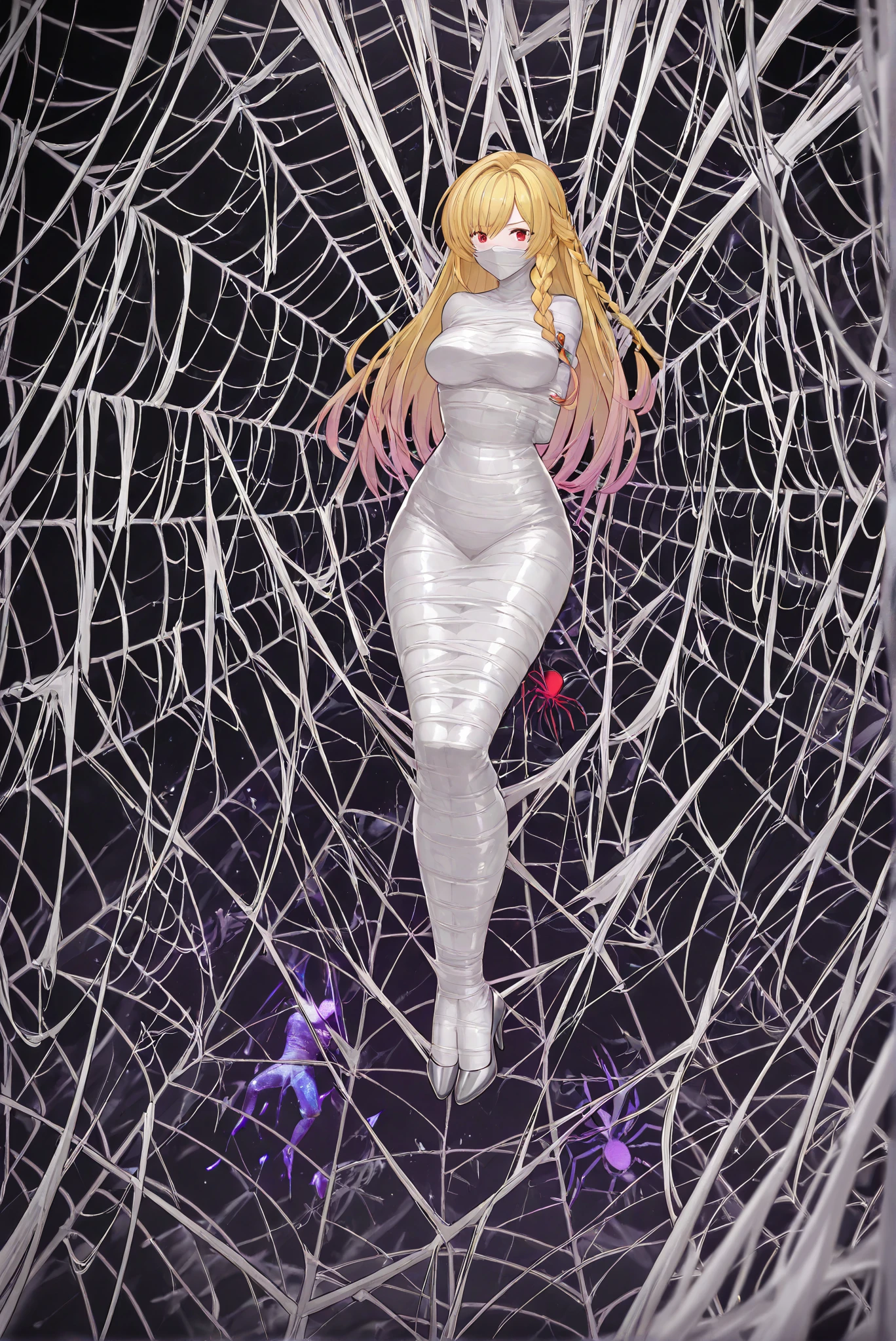 ( stands,whole body,heels, front view,Standing picture,white background:1.7),HoleHeels,oval/Circle/Thorn/Horn Heels,,limited color palette,Colorful, vivid colors ,flashing silhouette,neon,black light ,watch, masterpiece, Very beautiful,, shiny skin, golden ornaments, , Granblue_ fantasy, Helel_Ben_Shalem, dark skin, Blonde, long hair, braid, red eyes,(latexBondage:1.1), 1girl , Alone,wide hips, arms behind back,Galaxy body suits,bound, restrained, gag,mummification \(bound\),Bondage
,Mummification \(tied up\), spider web Bondage, Bondage, ([gag:1.3) net, silk, ( (Suspended , tied up, Restricted:1.4),(spider net:1.3), ,spider web Bondage,Bondage,spider webs,webs,silk