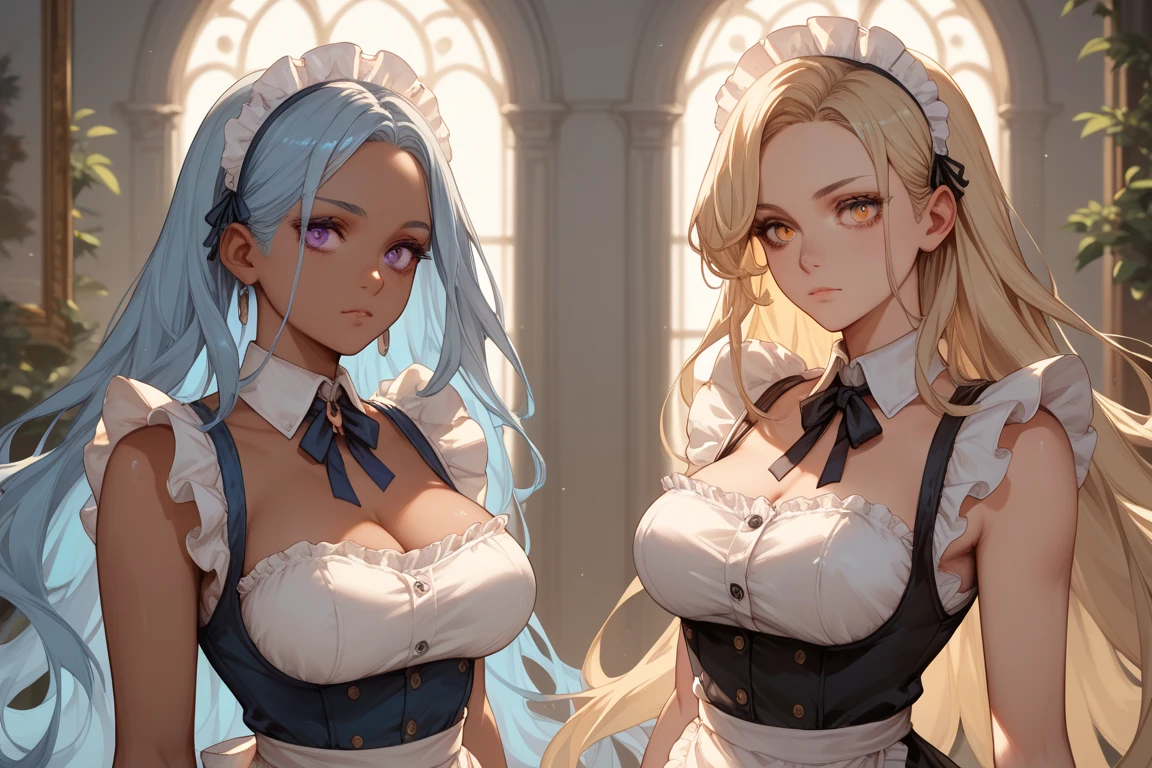 Blonde hair, golden eyes, dark Skinned beautiful, busty, woman wearing a Maid Outfit.