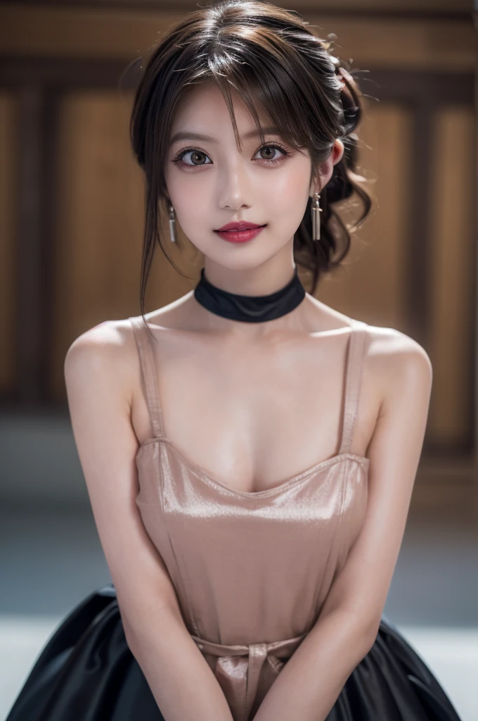 Ultra high quality,8K,gal girl,Sexy and feminine, high and cold,Enchanting,The head proportions are perfect,Gray high ponytail,Wear a short top, Short red high-waisted skirt,Flaming red lips,Swan neck,chokers,sun is shining