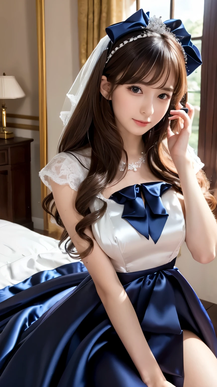 Arafed woman in a blue and white dress sitting on a bed - SeaArt AI