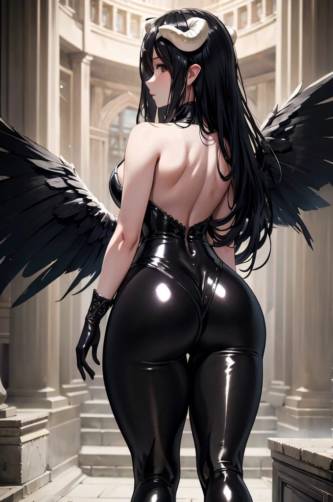 ((melhor qualidade)), ((obra de arte)), (detalhado), uma mulher adulta, olhando pro espectador, rosto perfeito, quadris largos e macios, focus on glutes, big, soft glutes, seios macios, seios lindos e marcados, back view, blusa banca, hidden hands, magra, shy, corada, em plano de fundo VAZIO, seios grandes, linda, duplo v, black pants, vergonha, perky glutes, cabelo loiro, olhar com vergonha, corada, sexy, sexy, garota de anime com bunda grande em shorts de couro preto e blusa preta, fofosexyrobutts, Oppai, curvando-se, Coxas grossas, Oppai, estilo de anime ecchi, detalhes finos. linha de frente das meninas, ecchi, Oppai proportions, (SFW)