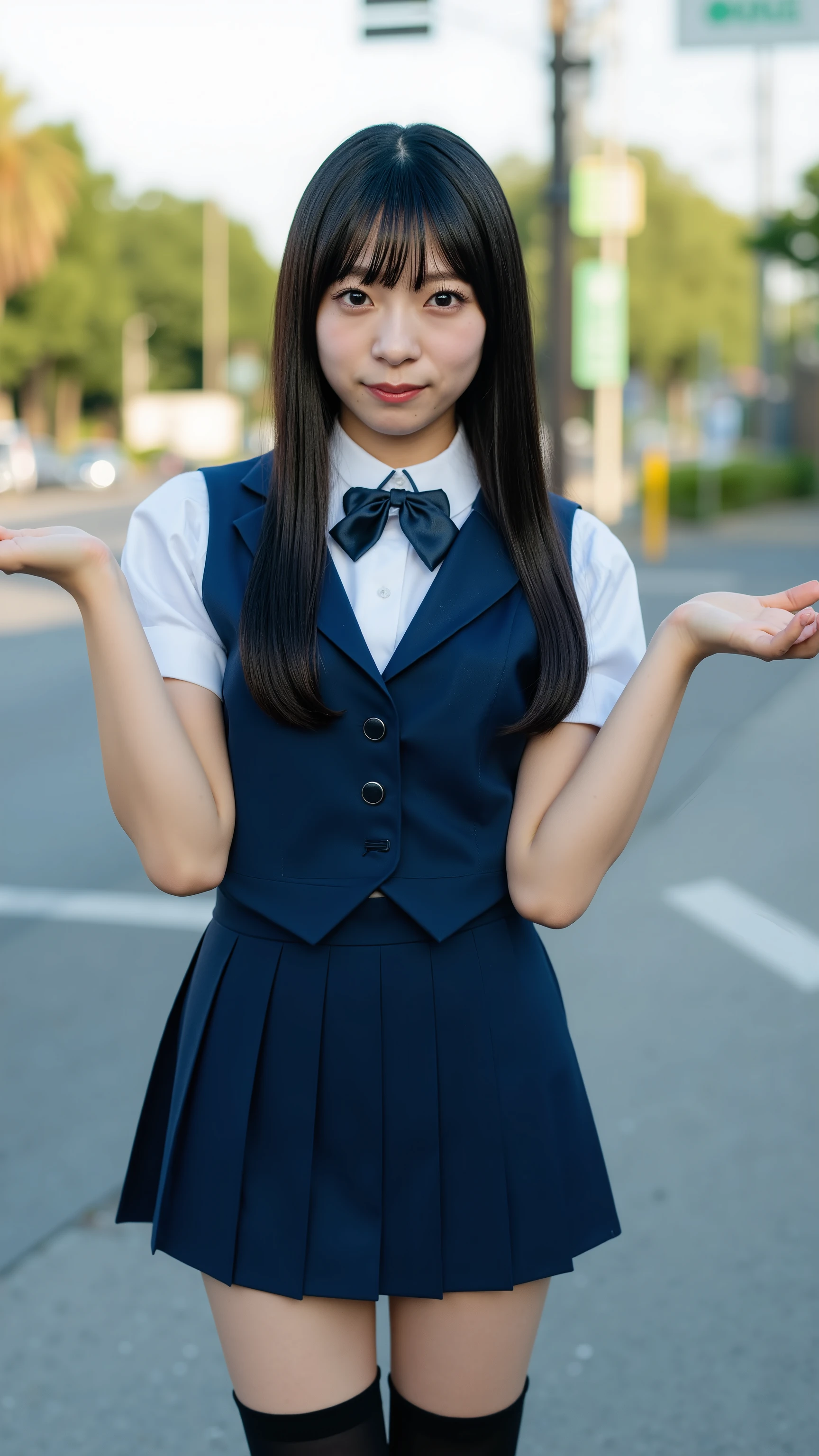 A high resolution photograph of a Japanese young woman, masterpiece, amazing quality, intricate details, professional lighting, fashion shoot, solo, 1girl, a office lady, full body, (tall, small head, small face, tiny breasts, slender, slim and thin body), straight long black hair with bangs, detailed face, detailed eyes, sophisticated nose, looking at the viewer, (office lady uniform, navy blue vest, white collared shirt, bowtie, navy blue pleated mini-skirt, black thighhighs, zettai-ryouiki, pumps:1.2), (open arms for the viewer, palms facing up:1.5), detailed hand, detailed fingers, perfect hand, outdoors,