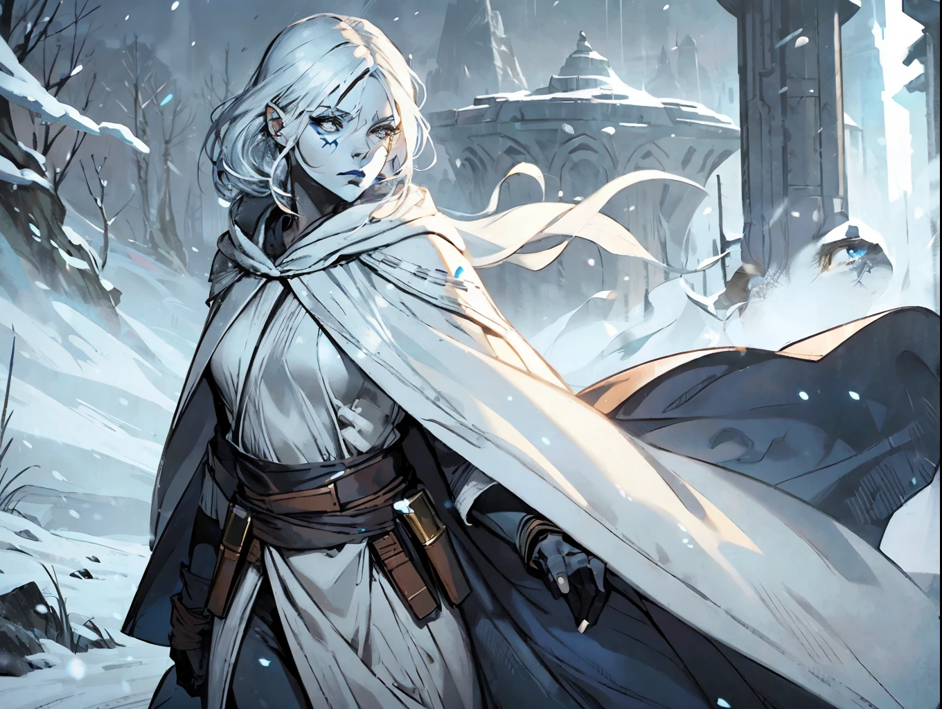 star wars, jarael, alabaster skin, white hair, blue lips, walking in a snowstorm, solo, wearing a loose billowing robe with a hood, hood up, cold frozen tundra, facial tattoos