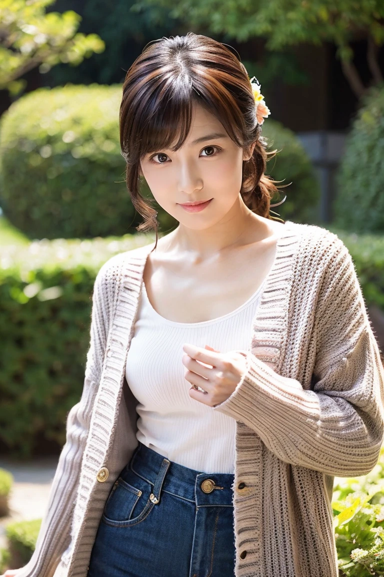 1 person, (Wear casual clothes in spring:1.2), Very beautiful Japanese idol portraits, (RAW Photos, Highest quality), (Realistic, Photorealistic:1.4), (masterpiece), Very delicate and beautiful, Very detailed, 2k wallpaper, wonderful, finely, Very detailed CG Unity 8K 壁紙, Very detailedな, High resolution, Soft Light, Beautiful detailed, Very detailed目と顔, Beautiful and detailed nose, finelyて美しい目, Cinema Lighting, (in the garden:1.3), (short hair), (Parted bangs), Complete Anatomy, Slender body, (Large breasts) ,smile