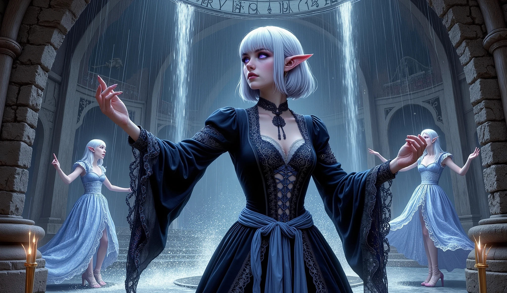 (Ultra-detailed face, Looking away, Gothic Illustration, Dark tone colors. She has five fingers on her hands and five toes on her feet.), BREAK
(Interior. Composition looking up from the floor at a much higher ceiling with a hole in it, an urban area in a Nordic country in the 15th century. The night sky is covered with black rain clouds and heavy drops of rain are falling.), BREAK
(A young female dark elf wizard, a "water servant," boldly poses and gestures in the interior of a huge clock tower, waving her baton like a musical conductor, making the spirits of rain pouring through a hole in the ceiling and the spirits of water cascading down the walls dance a classical waltz. The water spirits dance as they fly and spin around the room.), BREAK
(The rain and water spirits are dressed in traditional ball gowns with transparent skin and draped in transparent blue. Their bodies glow with sparkling, pale particles.), BREAK
(The dark elf woman has white hair, white eyebrows, blunt bangs, shoulder-length hair, small pink lips, sparkling lavender eyes, clear white skin, and thick eyeliner.), (She wears a light blue ribbon tie and a draped dark blue lace-up dress with crimson lace ruffles and embroidered pure white ripple patterns. She wears laced sandals with thin silver chains.)
