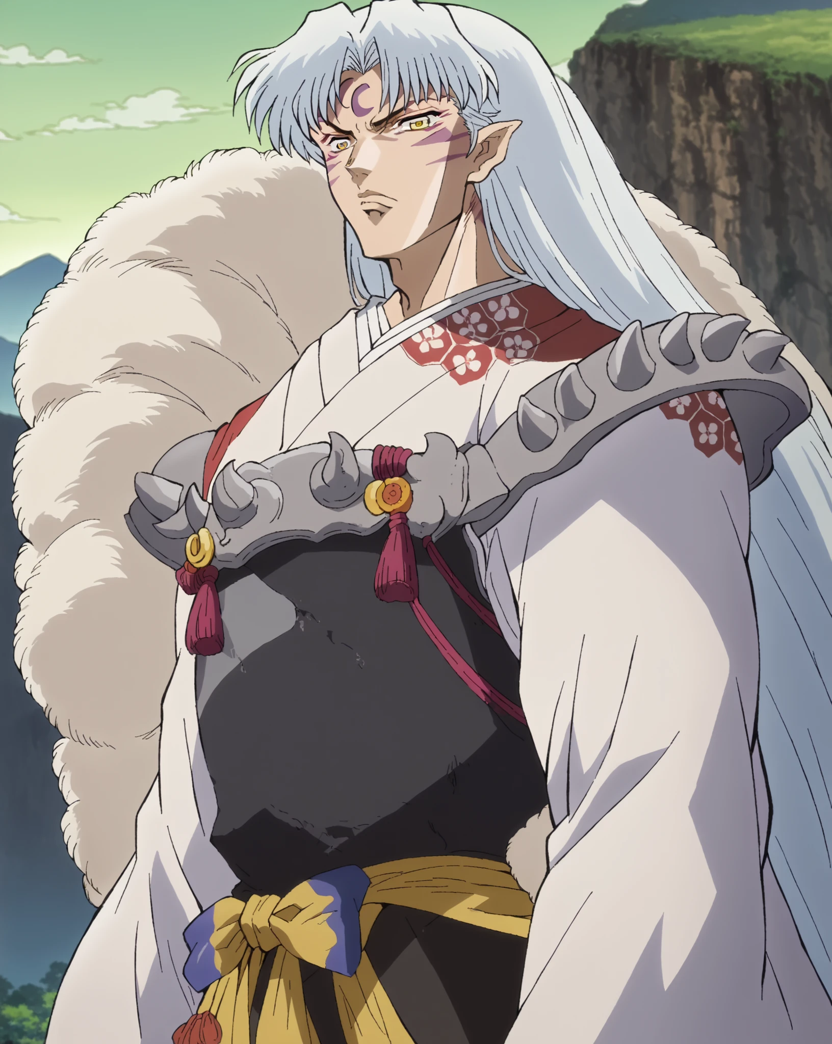score_9, score_8_up, score_7_up, source_anime,
sesshomaru, sesshomaru, long hair, yellow eyes, white hair, male focus pointy ears, facial mark, crescent, forehead mark,
japanese clothes, armor, fur,
outdoors, landscape,
looking at viewer, dutch angle, cowboy shot,