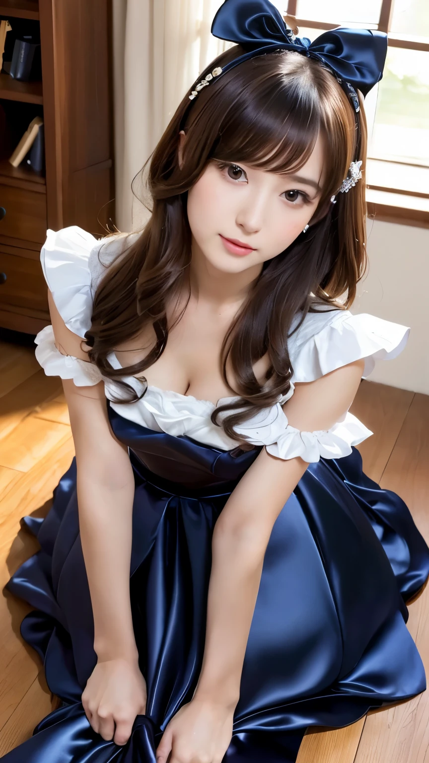 ung girl,very cute and beautiful japanese teenress,highly detailed beautiful face, looking at viewer,smile,happy,beautiful legs,solo,cleavage, cute french maid dress,navy blue frilled mini skirt,detailed lace, cute girly room background,real person,photorealistic,8k,raw photo,