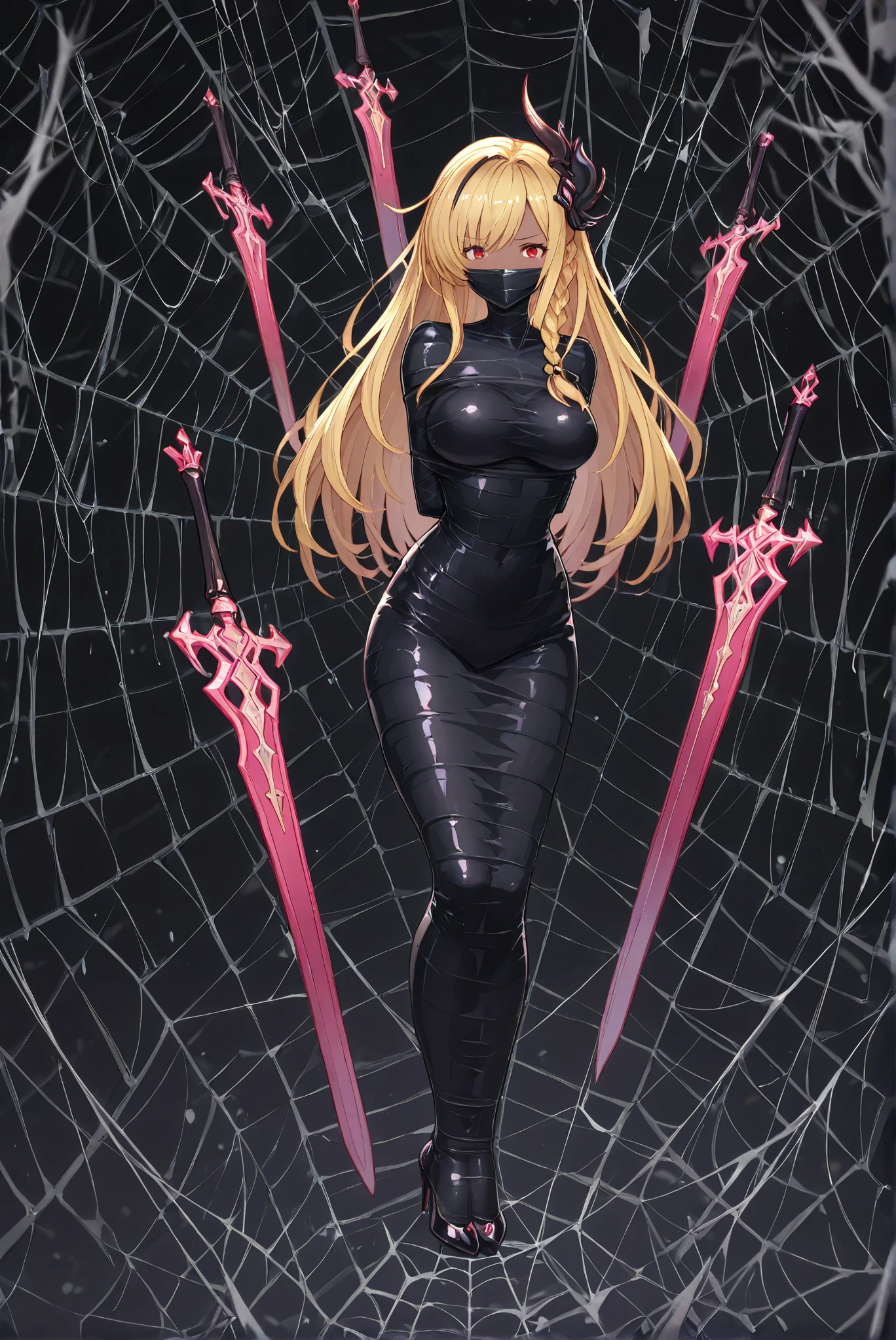 ( stands,whole body,heels, front view,Standing picture,white background:1.7),HoleHeels,oval/Circle/Thorn/Horn Heels,,limited color palette,Colorful, vivid colors ,flashing silhouette,neon,black light ,watch, masterpiece, Very beautiful,, shiny skin, golden ornaments, , Granblue_ fantasy, Helel_Ben_Shalem, dark skin, Blonde, long hair, braid, red eyes,(latexBondage:1.1), 1girl , Alone,wide hips, arms behind back,body suits,bound, restrained, gag,mummification \(bound\),Bondage ,Mummification \(tied up\), spider web Bondage, Bondage, ([gag:1.3) net, silk, (spider net:1.3), ,spider web Bondage,Bondage,spider webs,arms, Great sword,sword,圣sword,神sword,魔sword,sword散发着紫光 holding arms,sword舞,casts spells to summon multiple purple floating swords