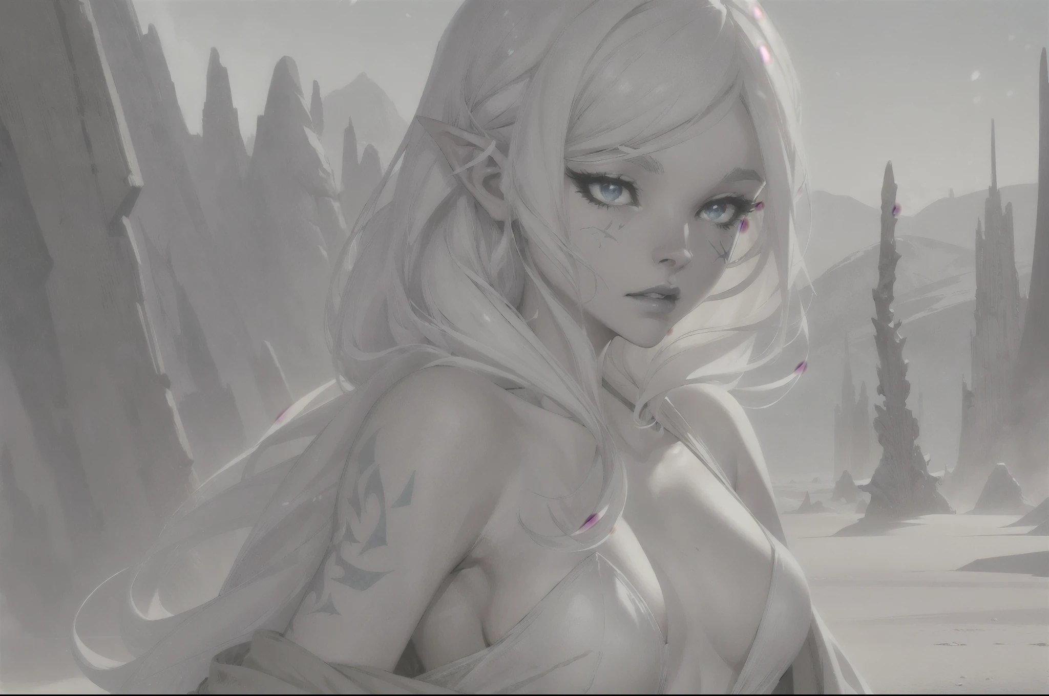 star wars, jarael, alabaster skin, white hair, blue lips, medium breasts, walking in an alien desert, wearing a loose billowing robe with a hood, hood up, hot dry desert, parted lips