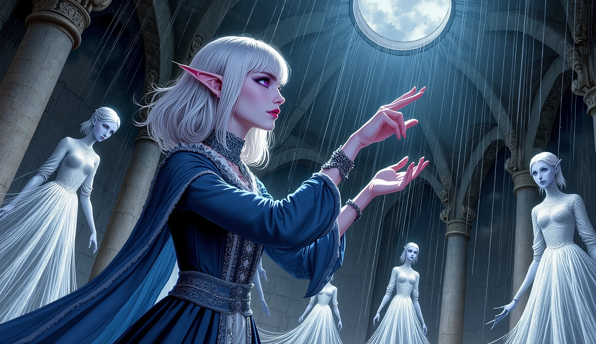 (Ultra-detailed face, Looking away, Gothic Illustration, Dark tone colors. She has five fingers on her hands and five toes on her feet.), BREAK
(Composition looking up from the floor at a much higher ceiling with a hole in it, an urban area in a Nordic country in the 15th century. The night sky is covered with black rain clouds and heavy drops of rain are falling.), BREAK
(A young female dark elf wizard, a "water servant," boldly poses and gestures in the interior of a huge clock tower, waving her baton like a musical conductor, making the spirits of rain pouring through a hole in the ceiling and the spirits of water cascading down the walls dance a classical waltz. The water spirits dance as they fly and spin around the room.), BREAK
(The rain and water spirits are dressed in traditional ball gowns with transparent skin and draped in transparent blue. Their bodies glow with sparkling, pale particles.), BREAK
(The dark elf woman has white hair, white eyebrows, blunt bangs, shoulder-length hair, small pink lips, sparkling lavender eyes, clear white skin, and thick eyeliner.), (She wears a light blue ribbon tie and a draped dark blue lace-up dress with crimson lace ruffles and embroidered pure white ripple patterns. She wears laced sandals with thin silver chains.)