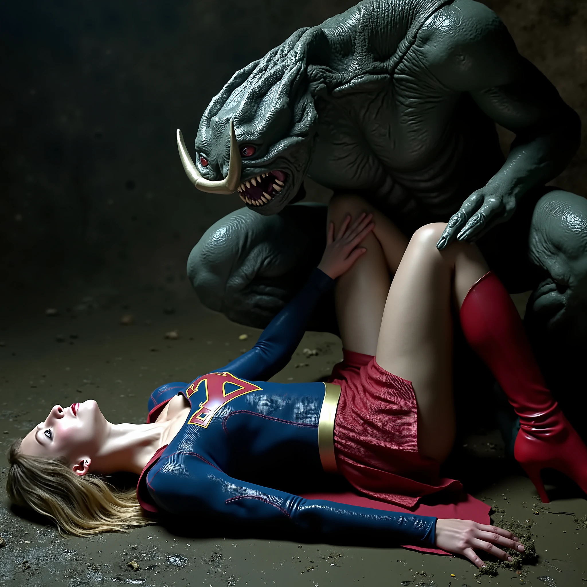 Supergirl is raped by an alien monster, very bright white skin, her legs are wide out, can see whole body, She is wearing a thin black pantyhose, short red skirt, red knee height long boots, blonde hair, She is unconscious, seriously injured, painful, a fierce Alien Monster Straddling the body of Supergirl and attach between Supergirl legs, he spread her legs out and get in between her legs and push his penis in to her skirt, he push her chest and press her wrist down, photorealistic, hyperrealism, night time, underground cave,